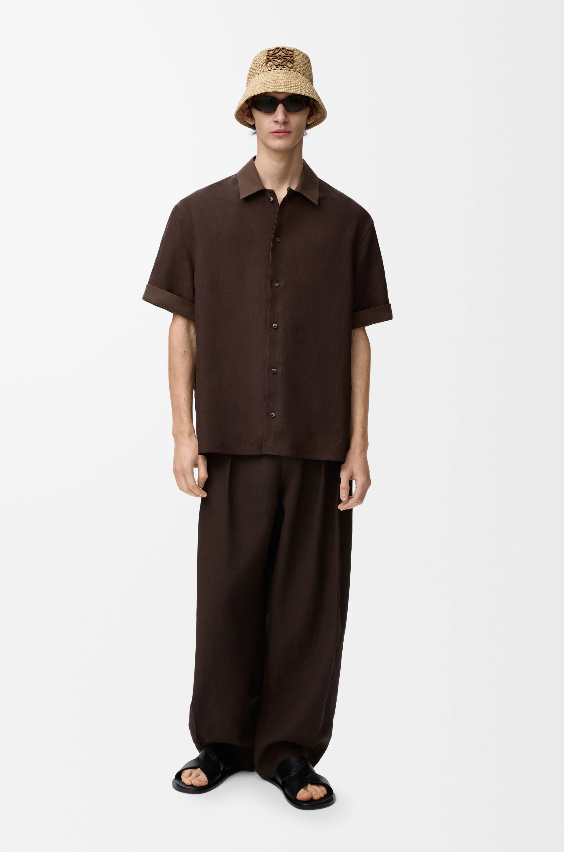 LOEWE Short sleeve shirt in cotton and linen Dark Brown/Brown