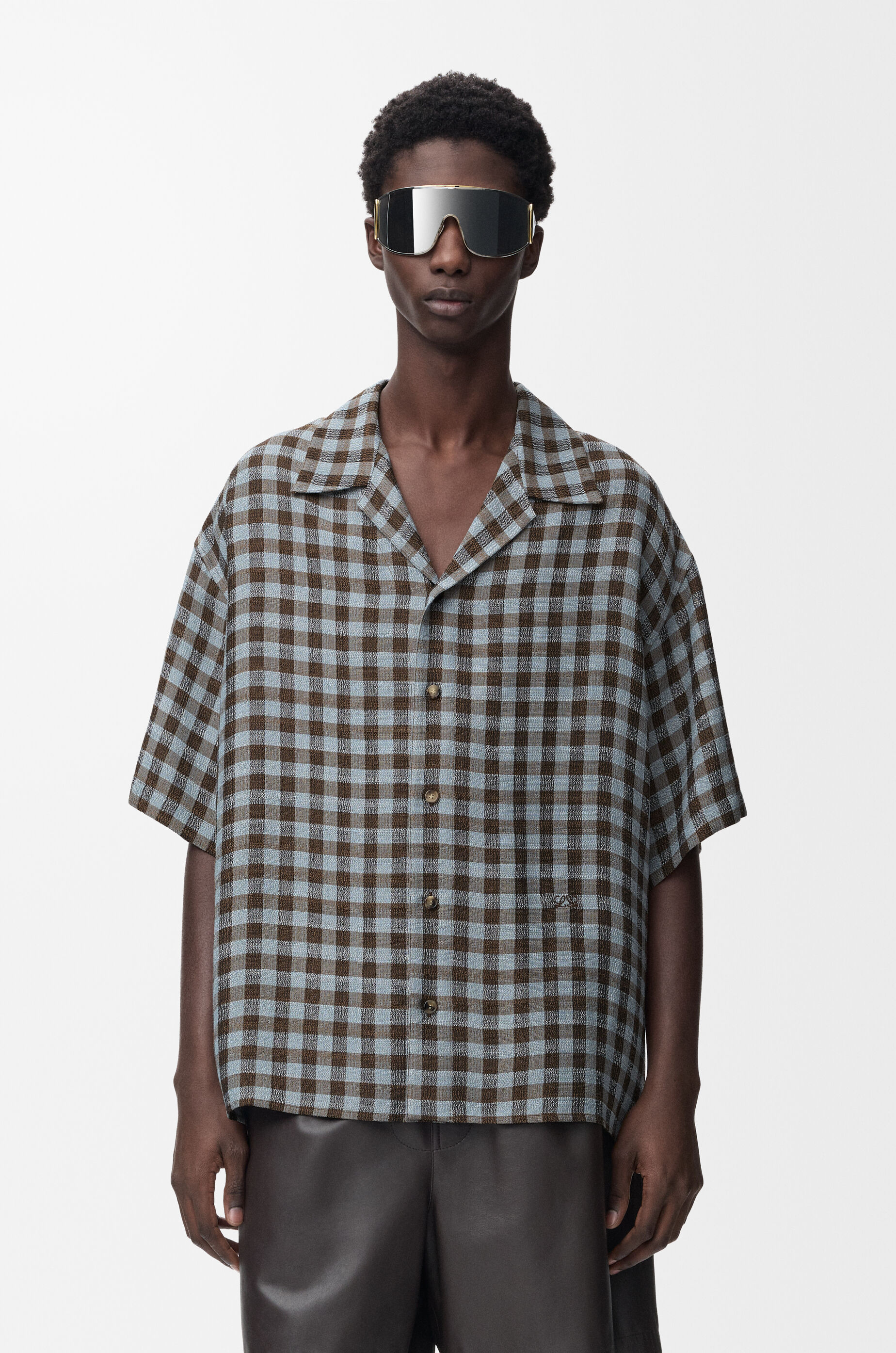 LOEWE Short sleeve shirt in viscose and linen blend Blue/Brown