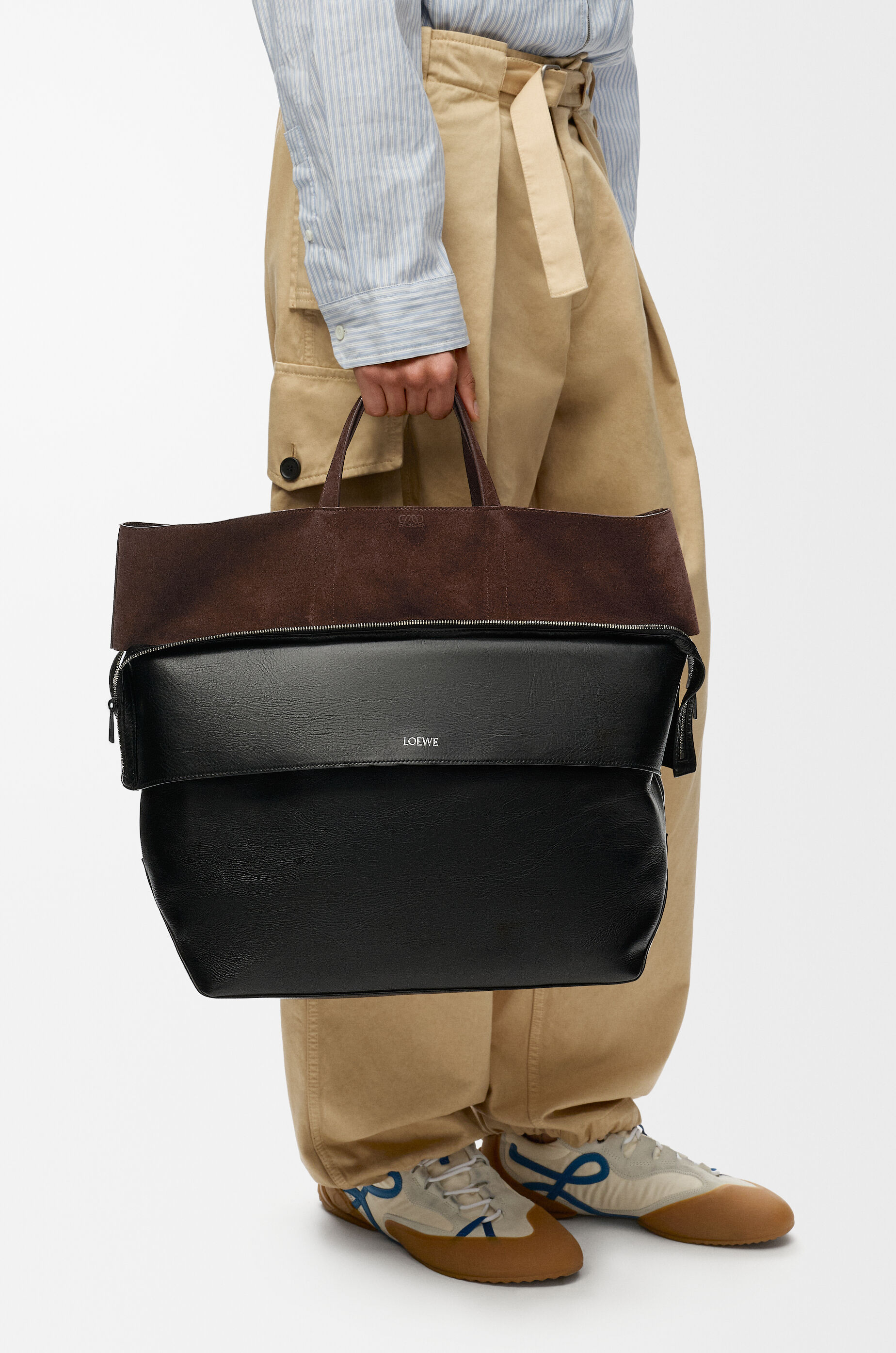 LOEWE Large Switch tote in paper calf and suede Black/Espresso