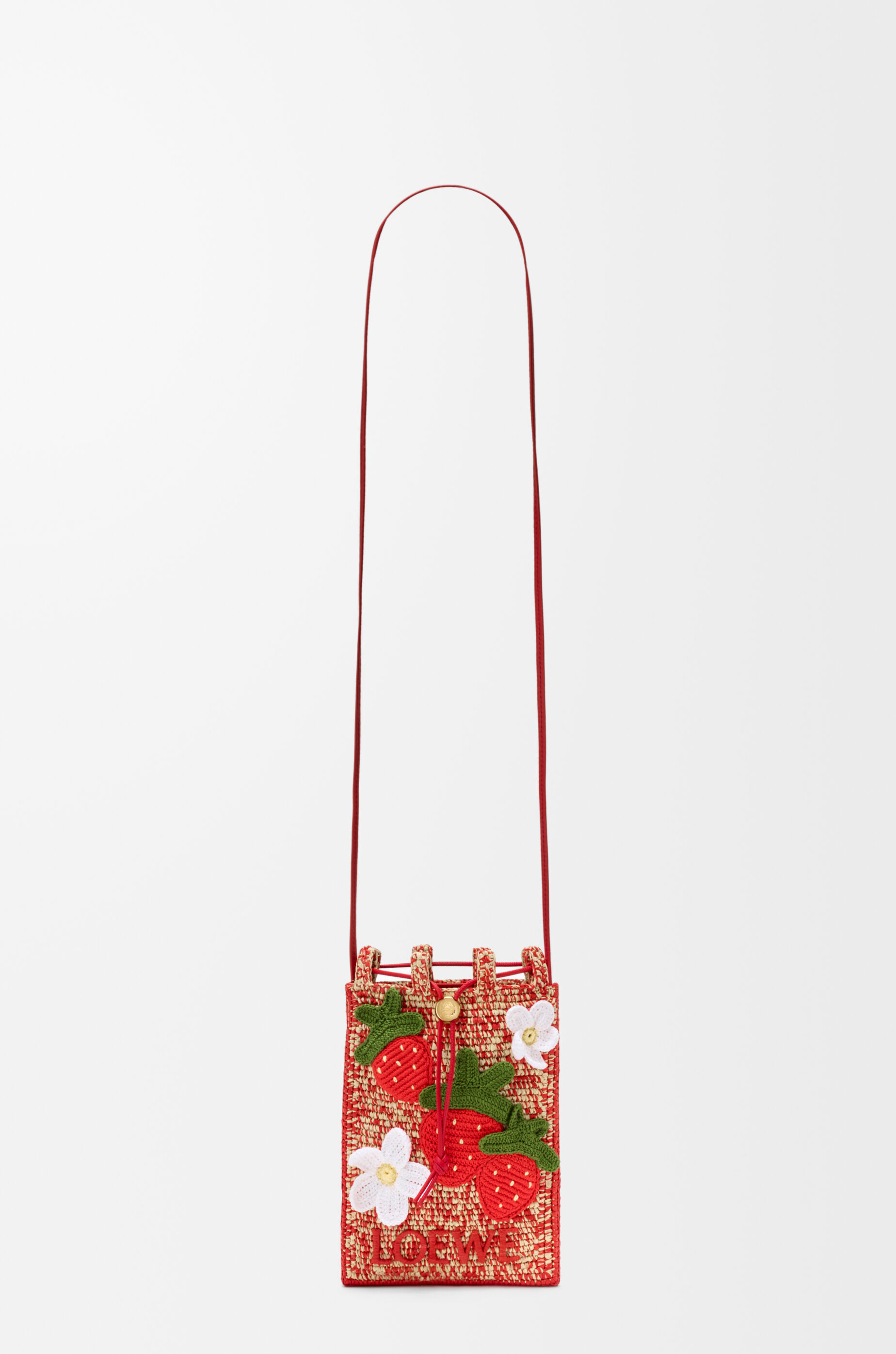 LOEWE Strawberry drawstring pocket in classic calfskin and raffia Multicolor Red