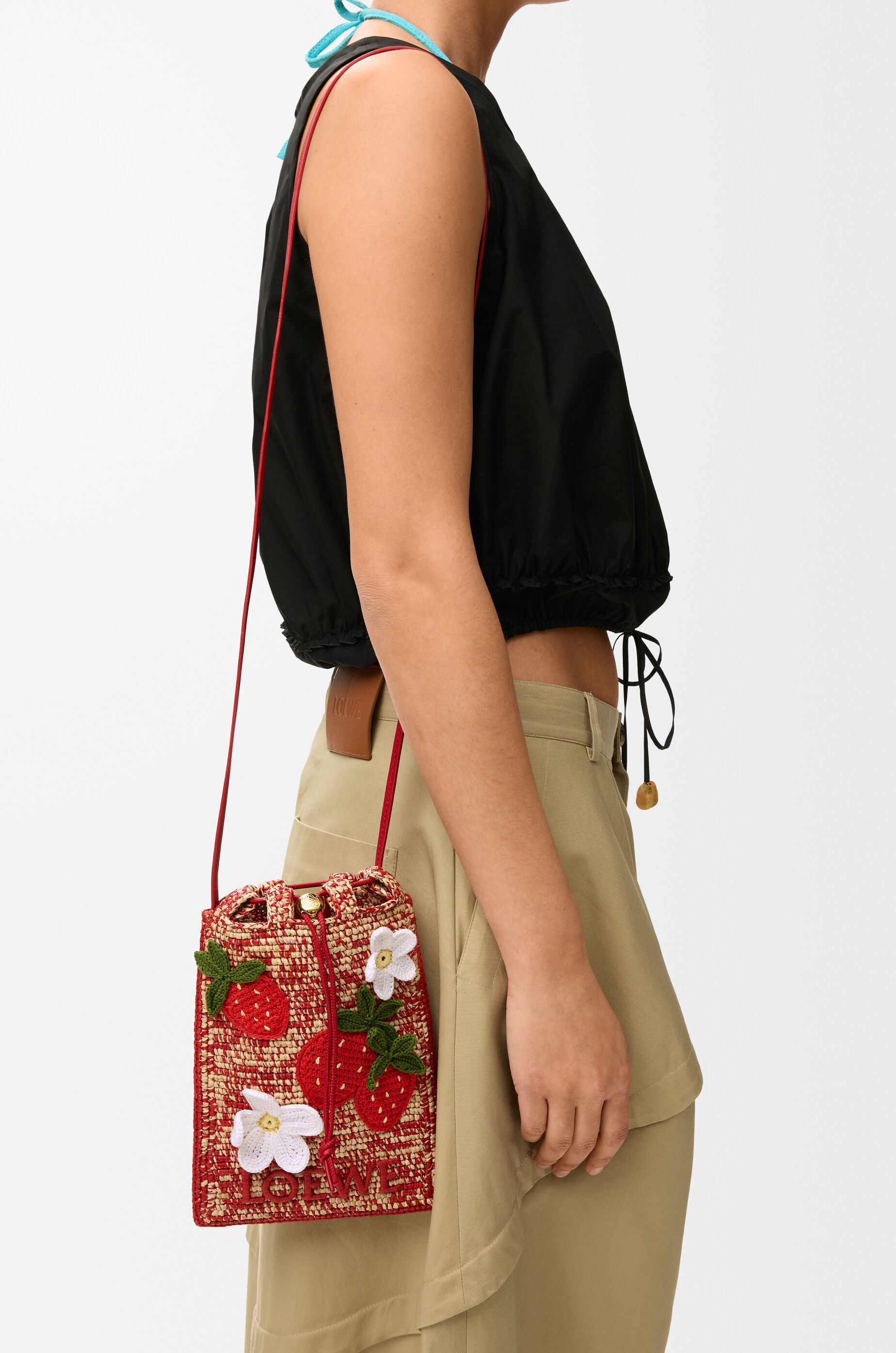 LOEWE Strawberry drawstring pocket in classic calfskin and raffia Multicolor Red