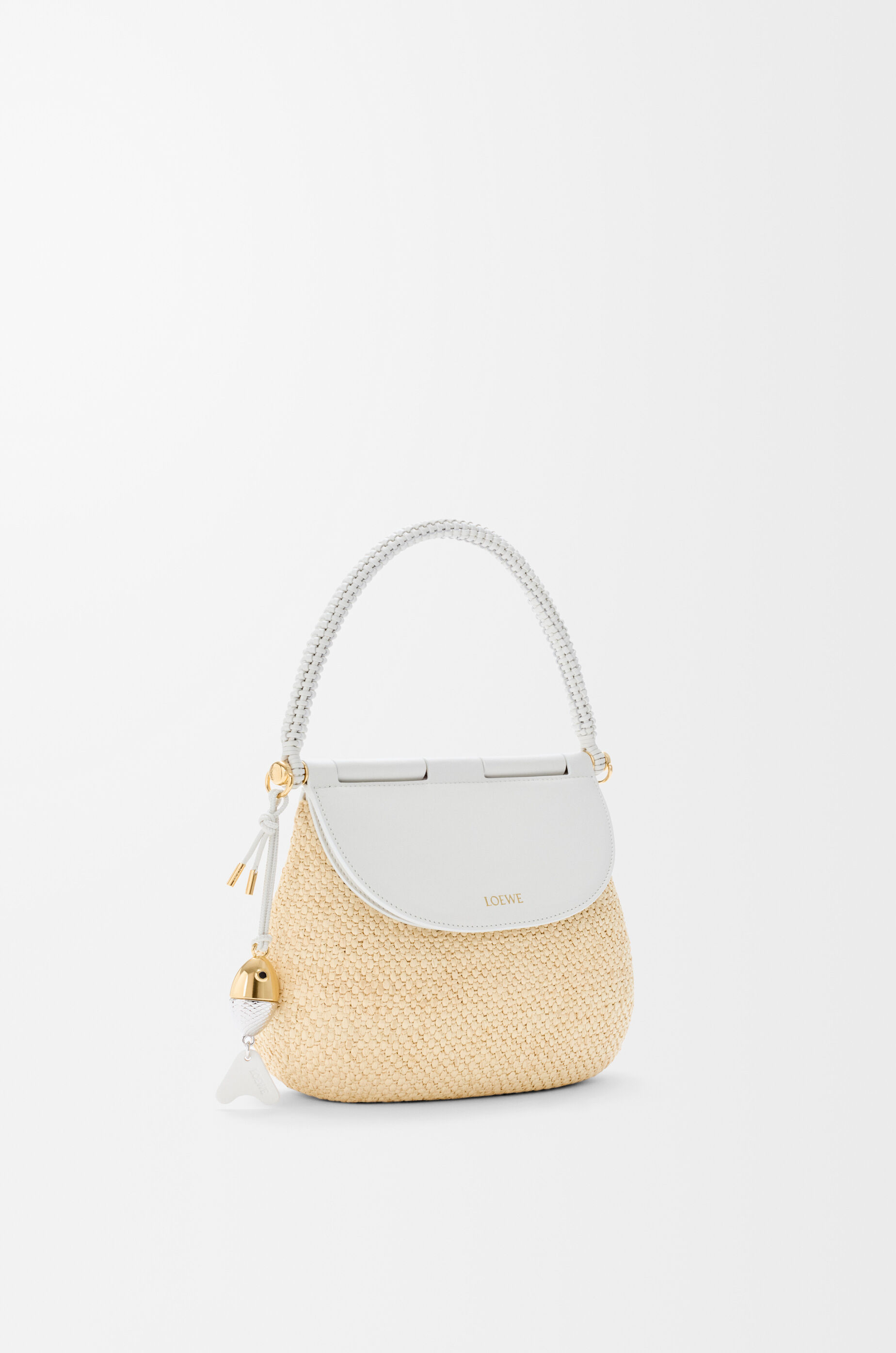 LOEWE Medium Pescador bag in raffia and calfskin Natural/White