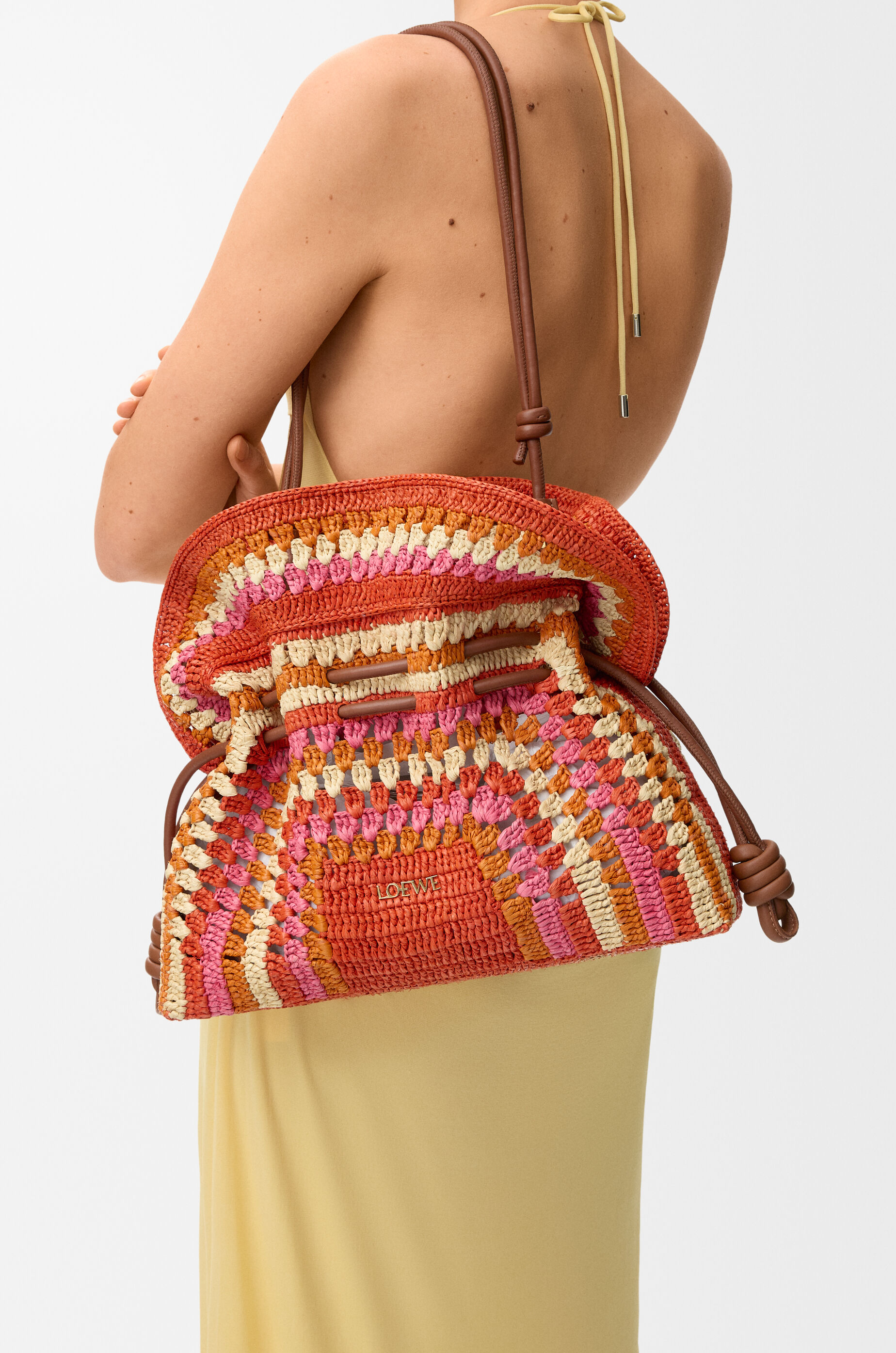 LOEWE Medium Flamenco clutch in raffia and calfskin Bright Orange/Pink