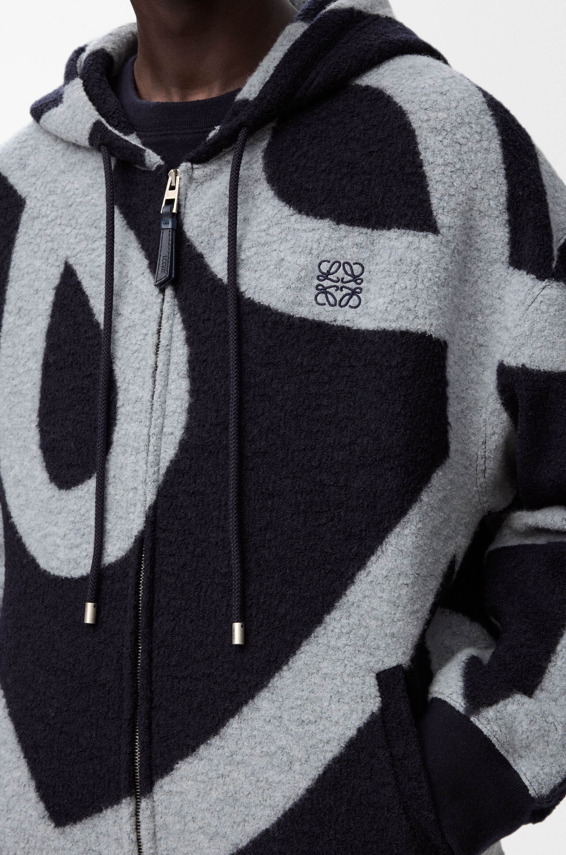LOEWE Zip-up hoodie in wool and cotton Navy/Grey