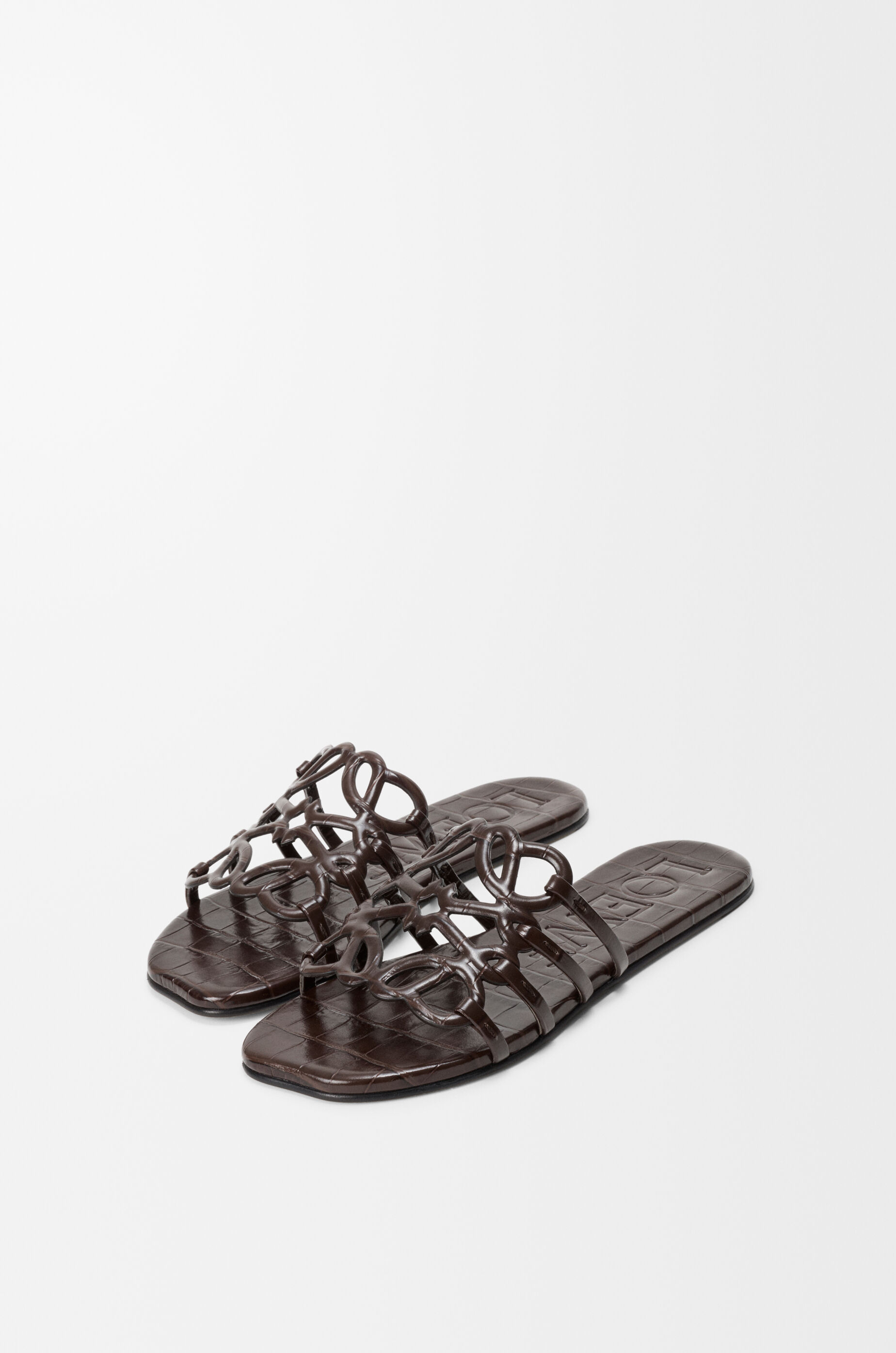 LOEWE Petal Anagram slide in croc-embossed calfskin Dark Brown