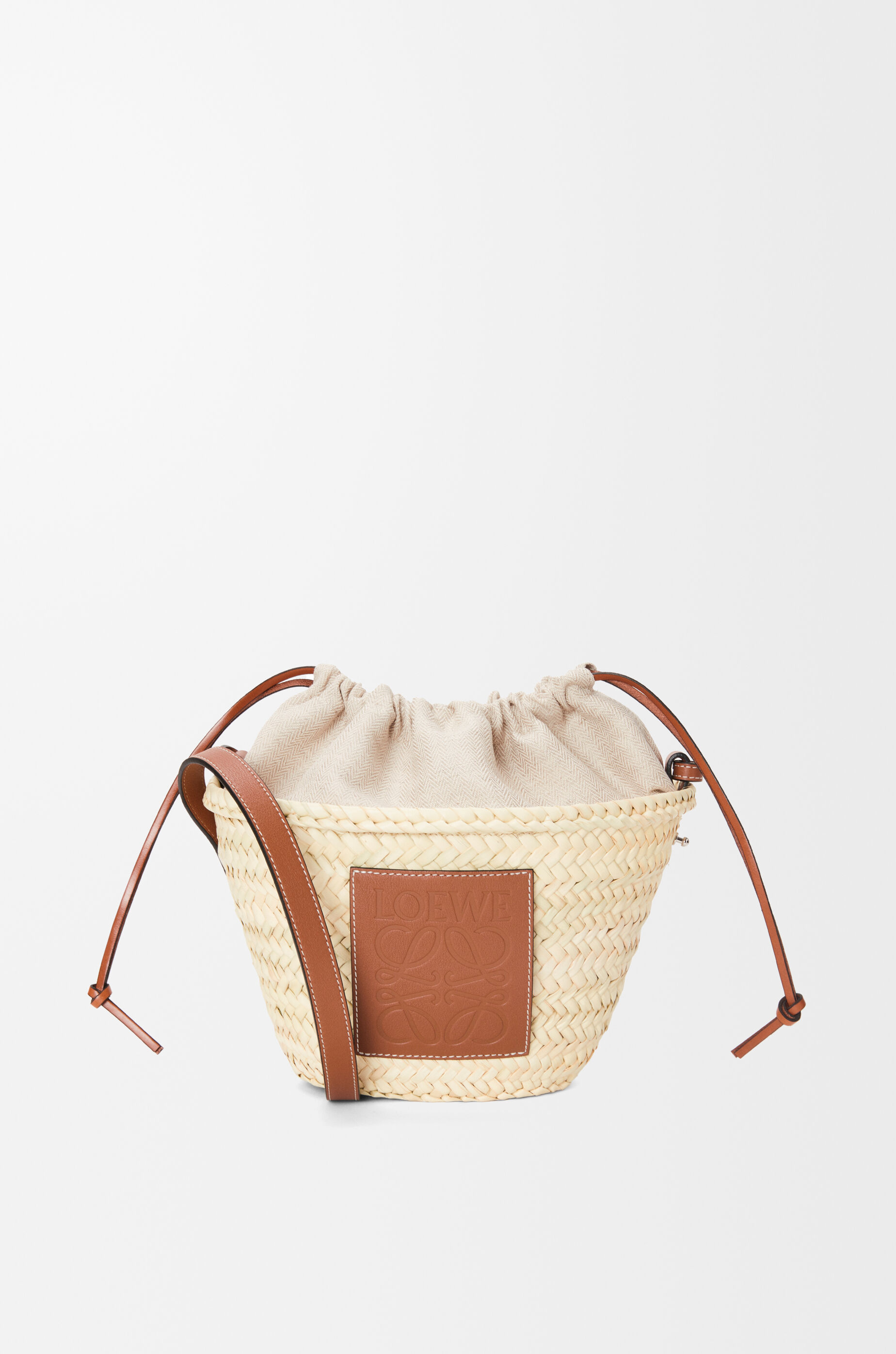 LOEWE Drawstring bucket in palm leaf and calfskin Natural/Tan