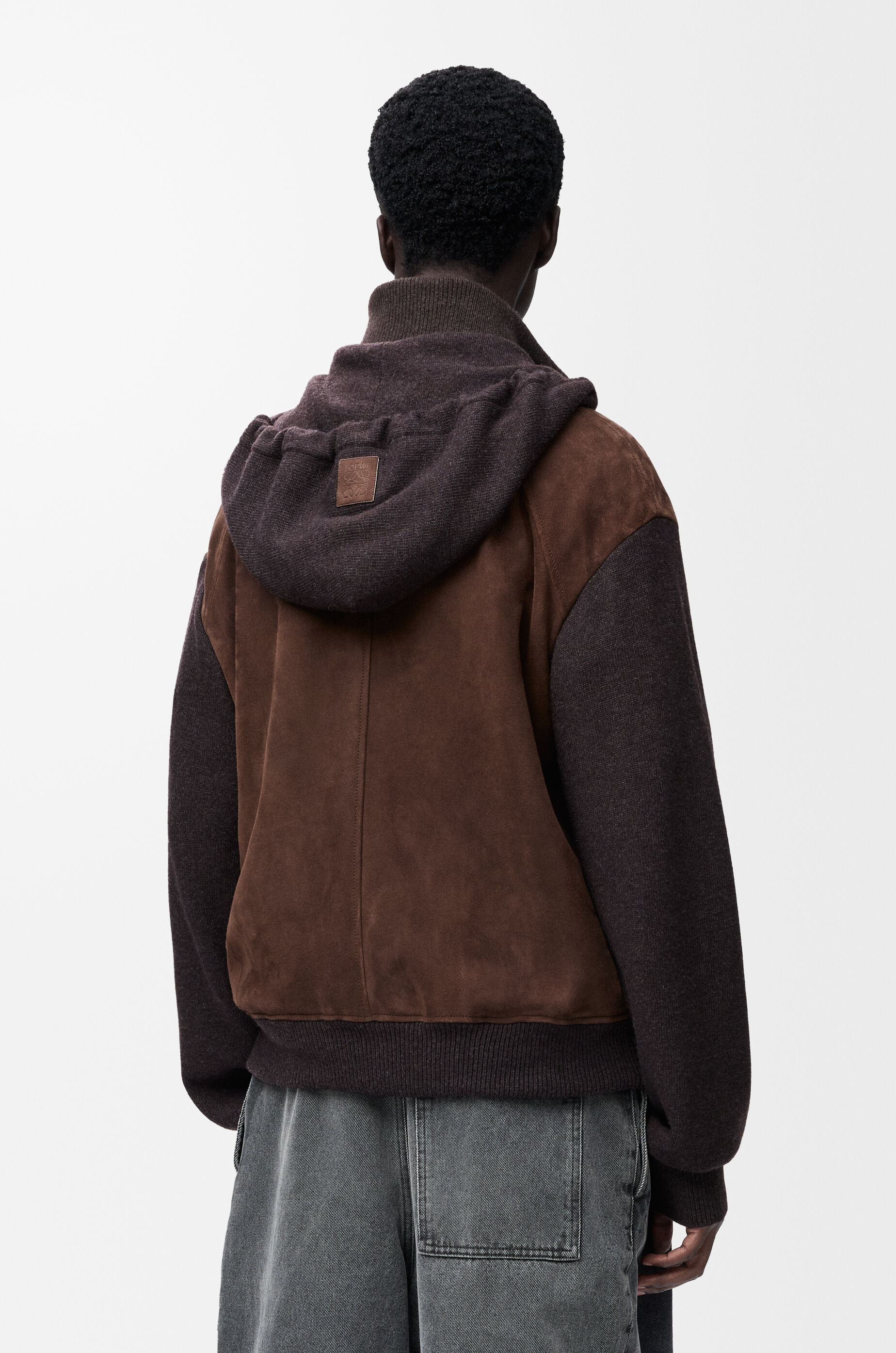 LOEWE Hybrid zip-up hoodie in suede goatskin and wool blend Dark Brown