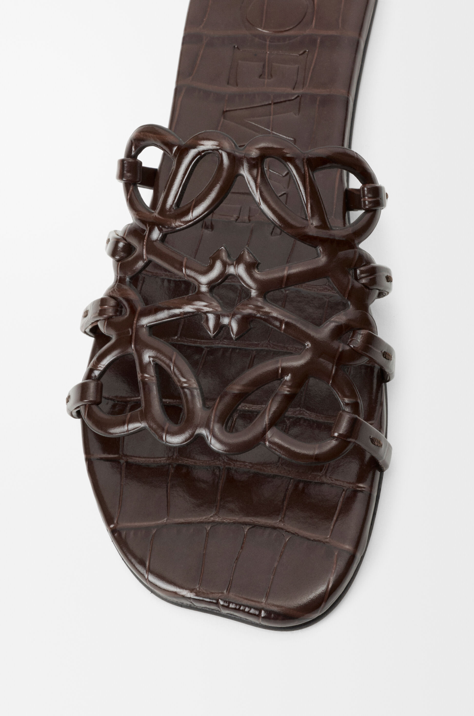 LOEWE Petal Anagram slide in croc-embossed calfskin Dark Brown