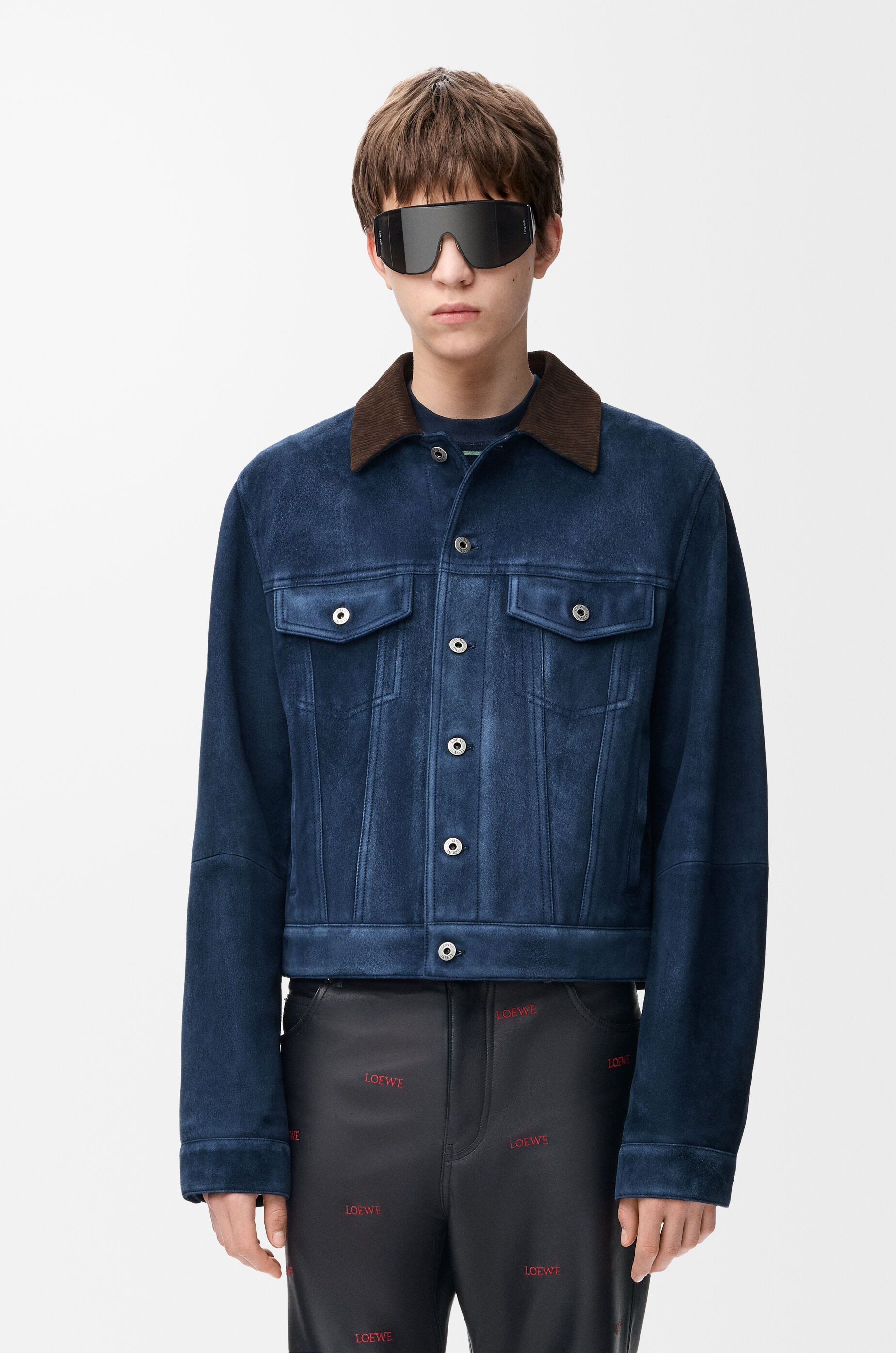 LOEWE Trucker jacket in suede goat skin Navy Blue