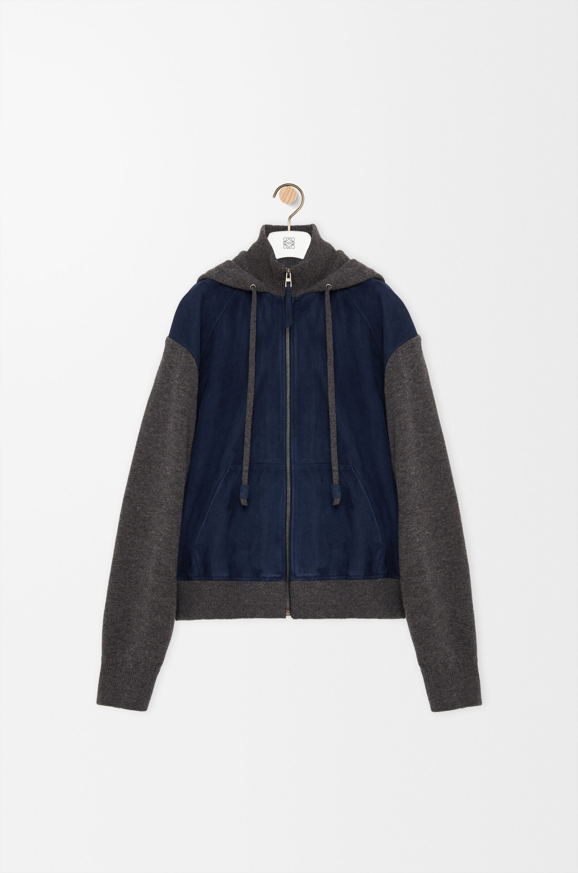 LOEWE Hybrid zip-up hoodie in suede goatskin and wool blend Navy Blue