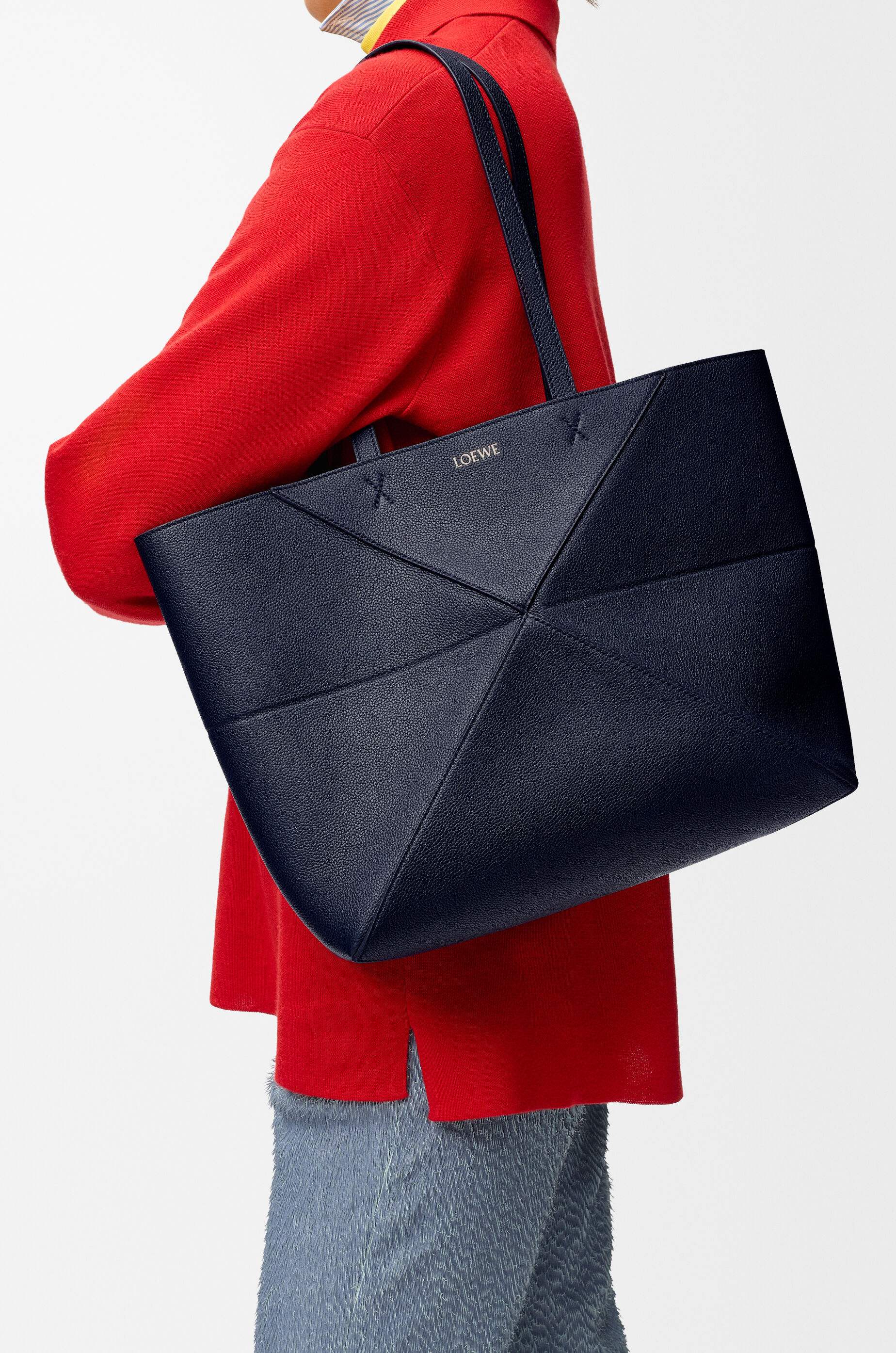 LOEWE Medium horizontal Puzzle Fold tote in soft grained calfskin Deep Navy
