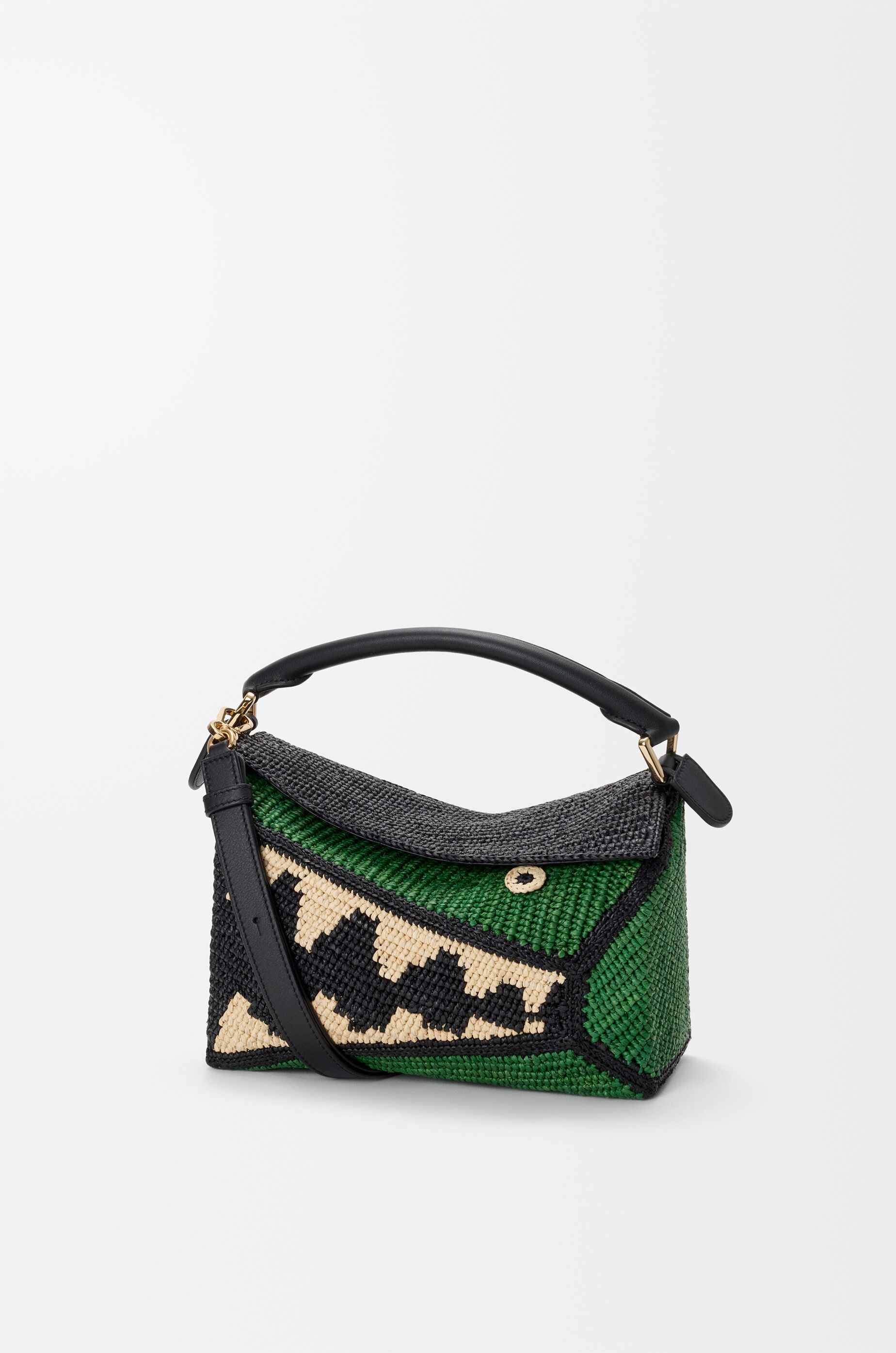 LOEWE Small Puzzle Edge bag in raffia and calfskin Black/Green