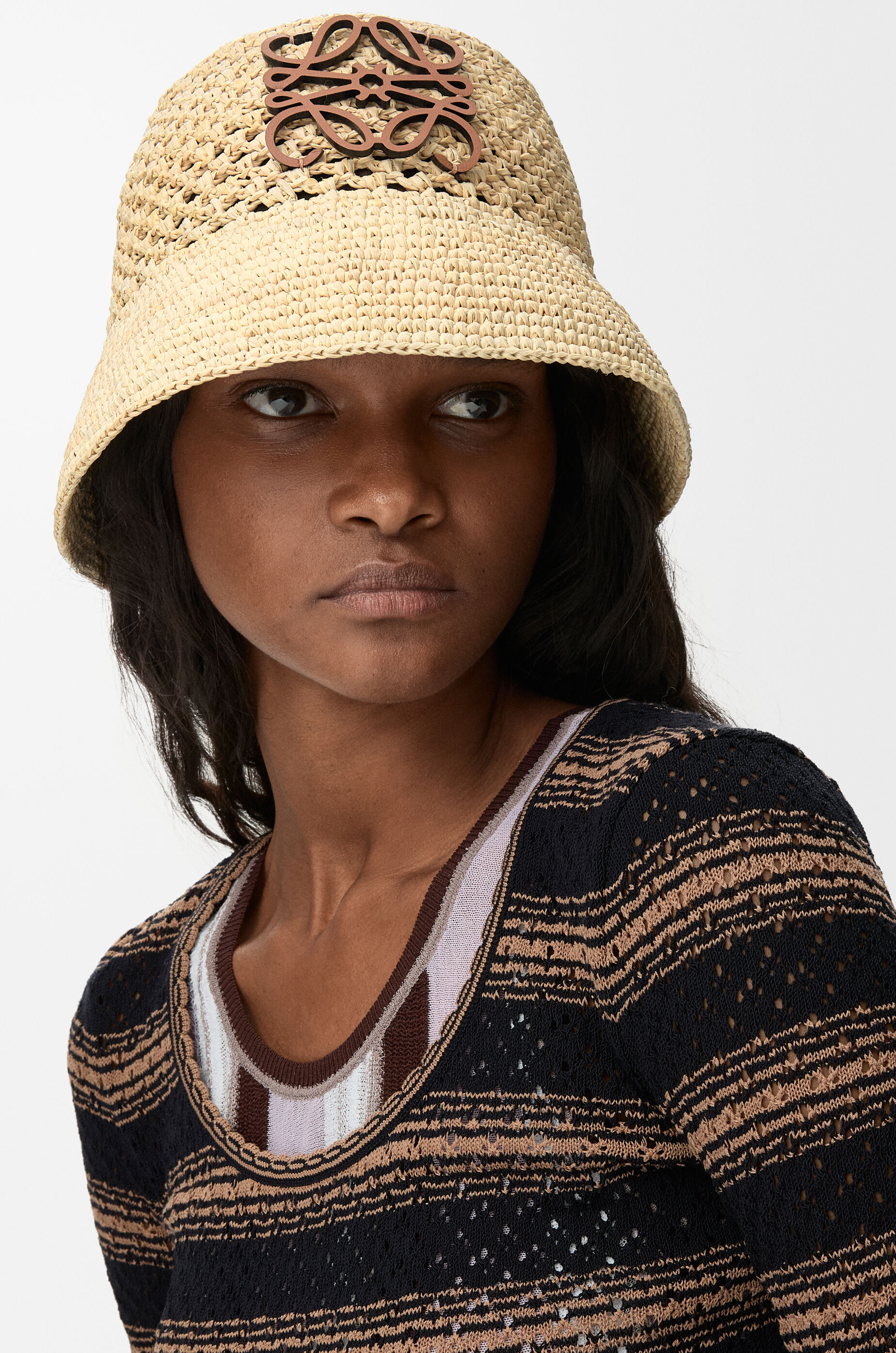LOEWE Anagram bucket hat in raffia and calfskin Natural