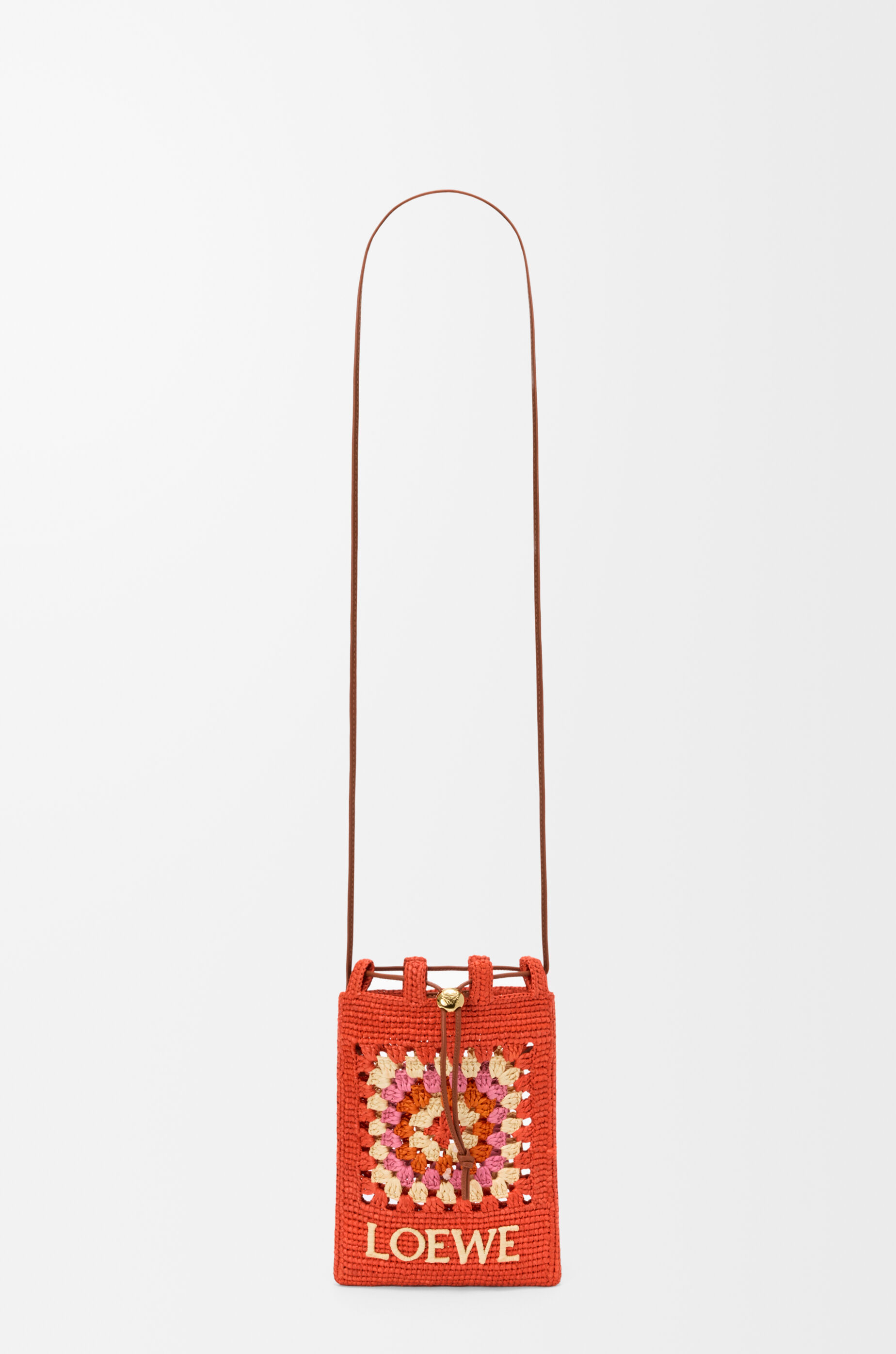 LOEWE Drawstring pocket in classic calfskin and raffia Bright Orange/Pink