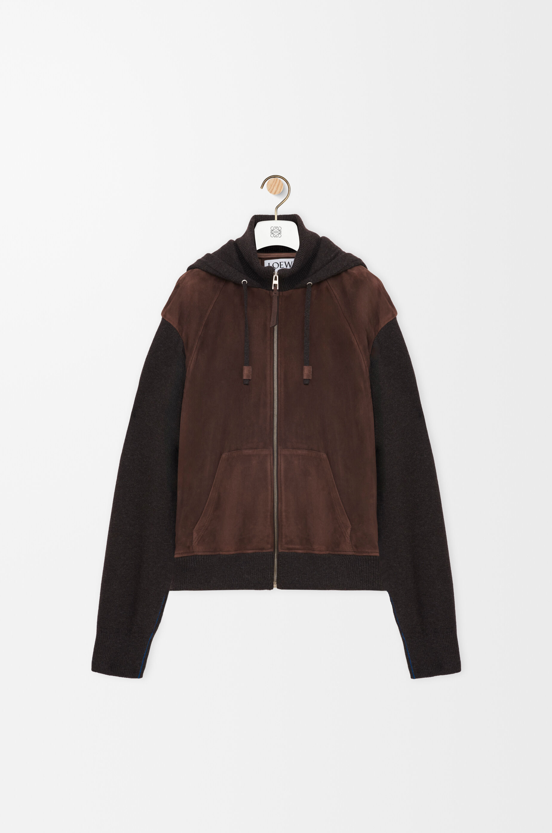 LOEWE Hybrid zip-up hoodie in suede goatskin and wool blend Dark Brown