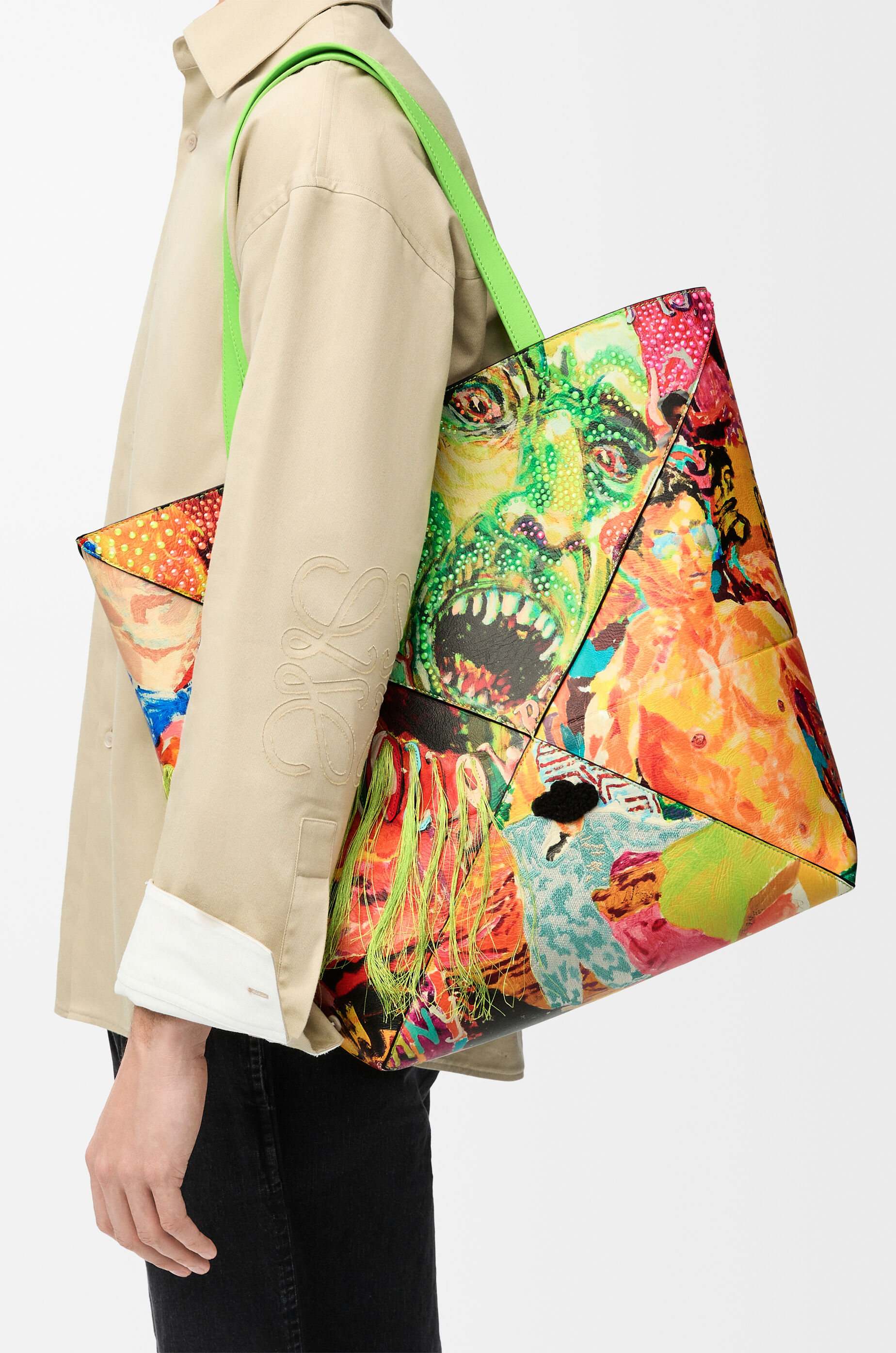 LOEWE XL Puzzle Fold tote in classic calfskin Vivid Green/Multicolor