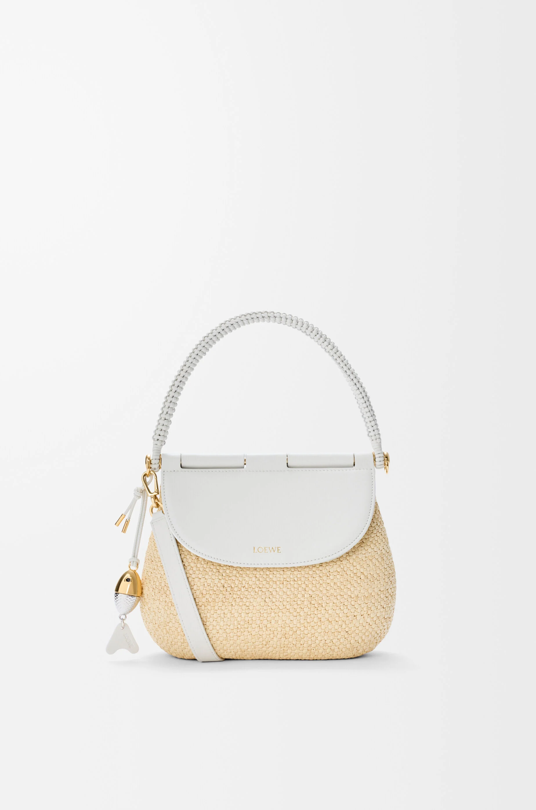 LOEWE Medium Pescador bag in raffia and calfskin Natural/White
