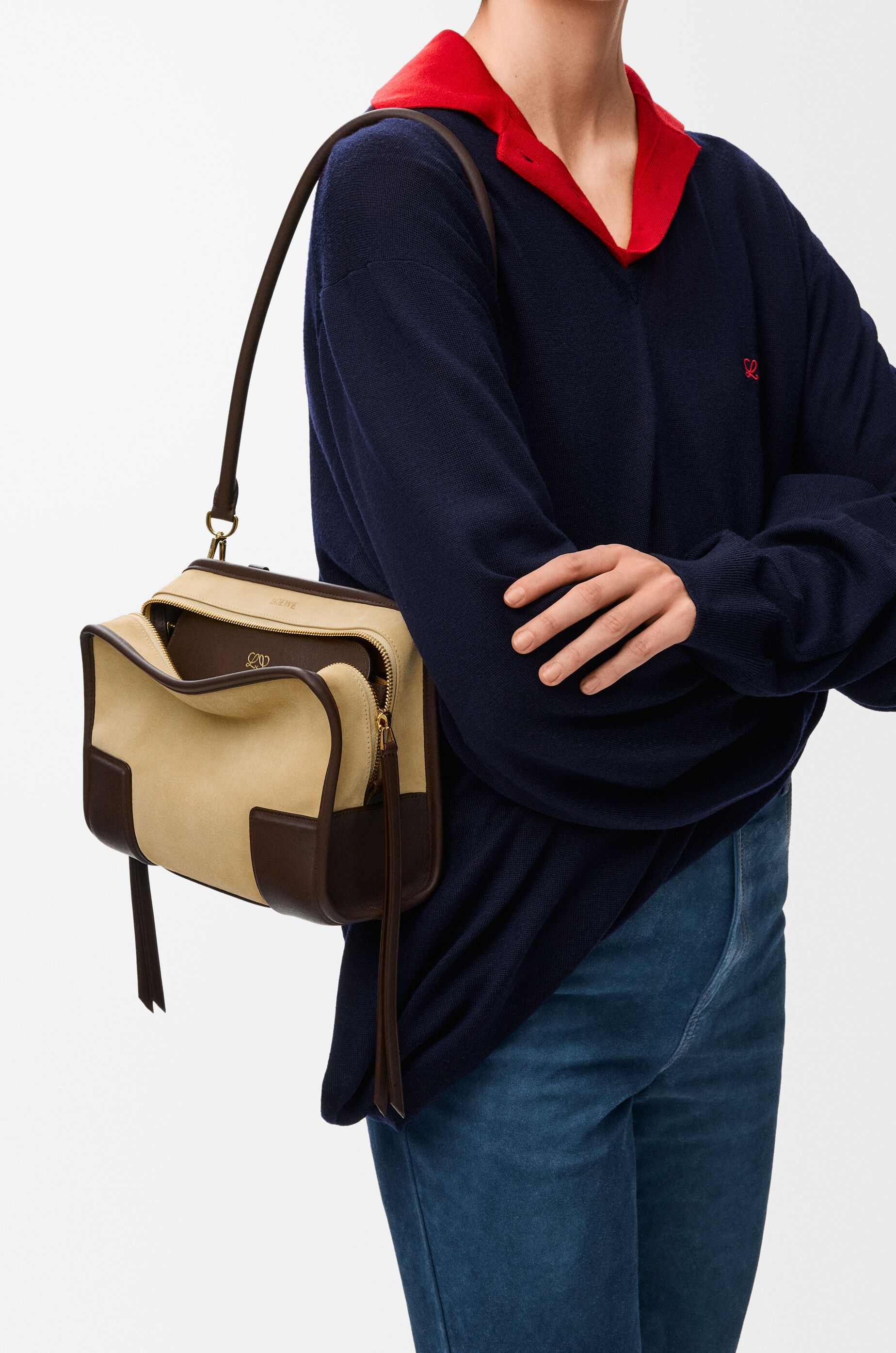 LOEWE Small Amazona 180 bag in suede Oro/Chocolat