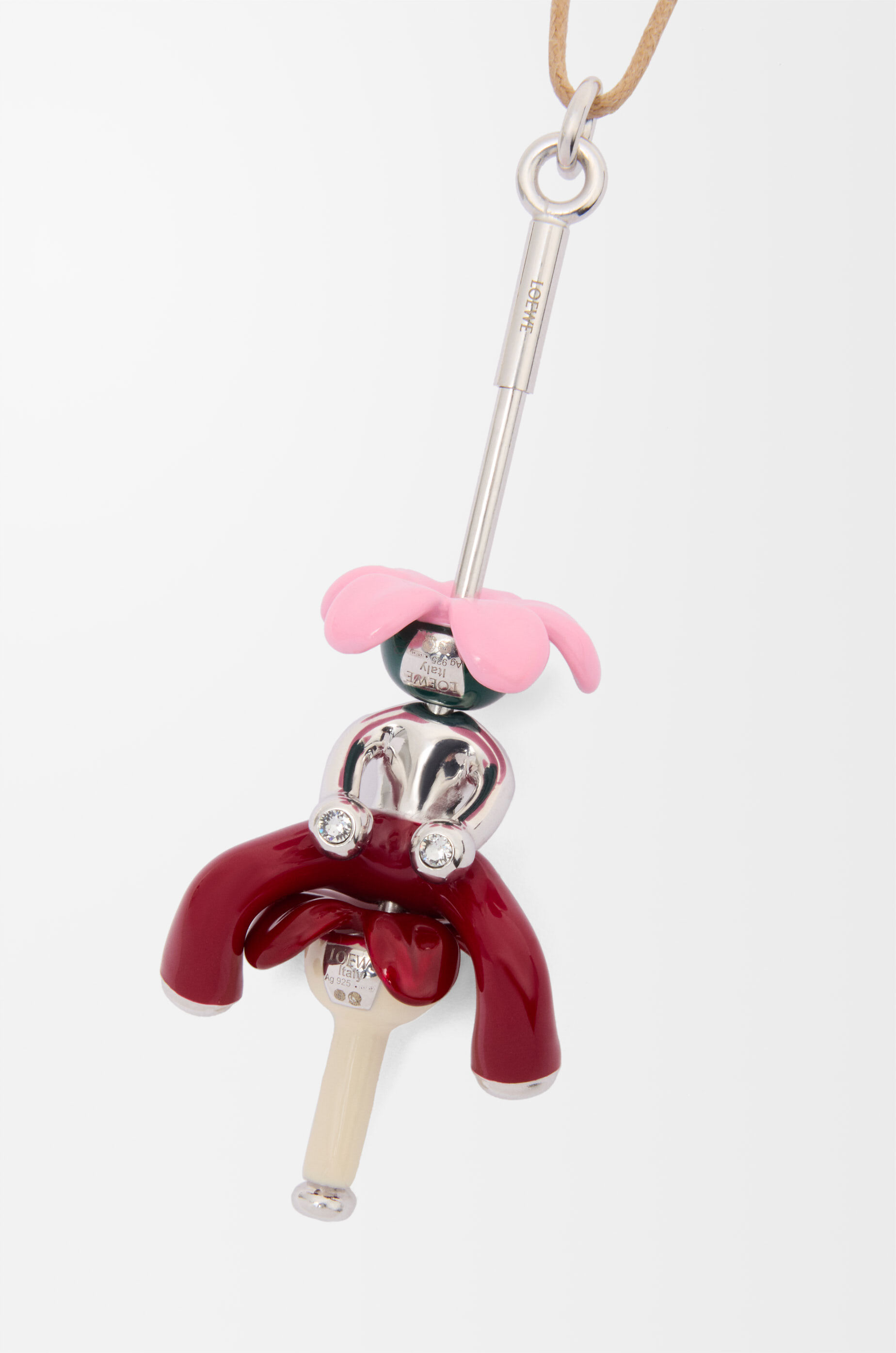 LOEWE Seated Acrobat pendant in sterling silver and crystals Silver/Burgundy