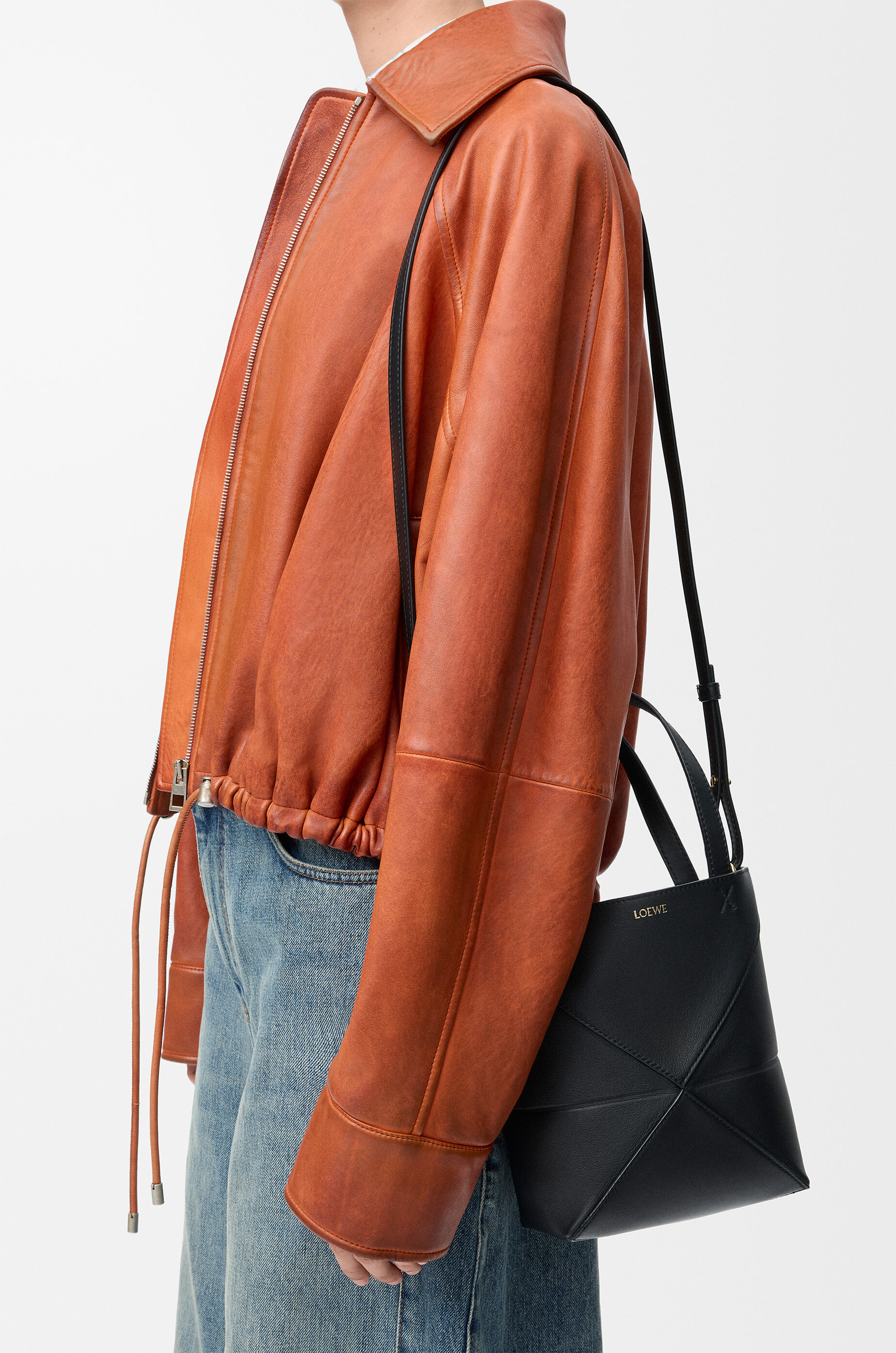 LOEWE Mini Puzzle Fold tote in shiny calfskin Black