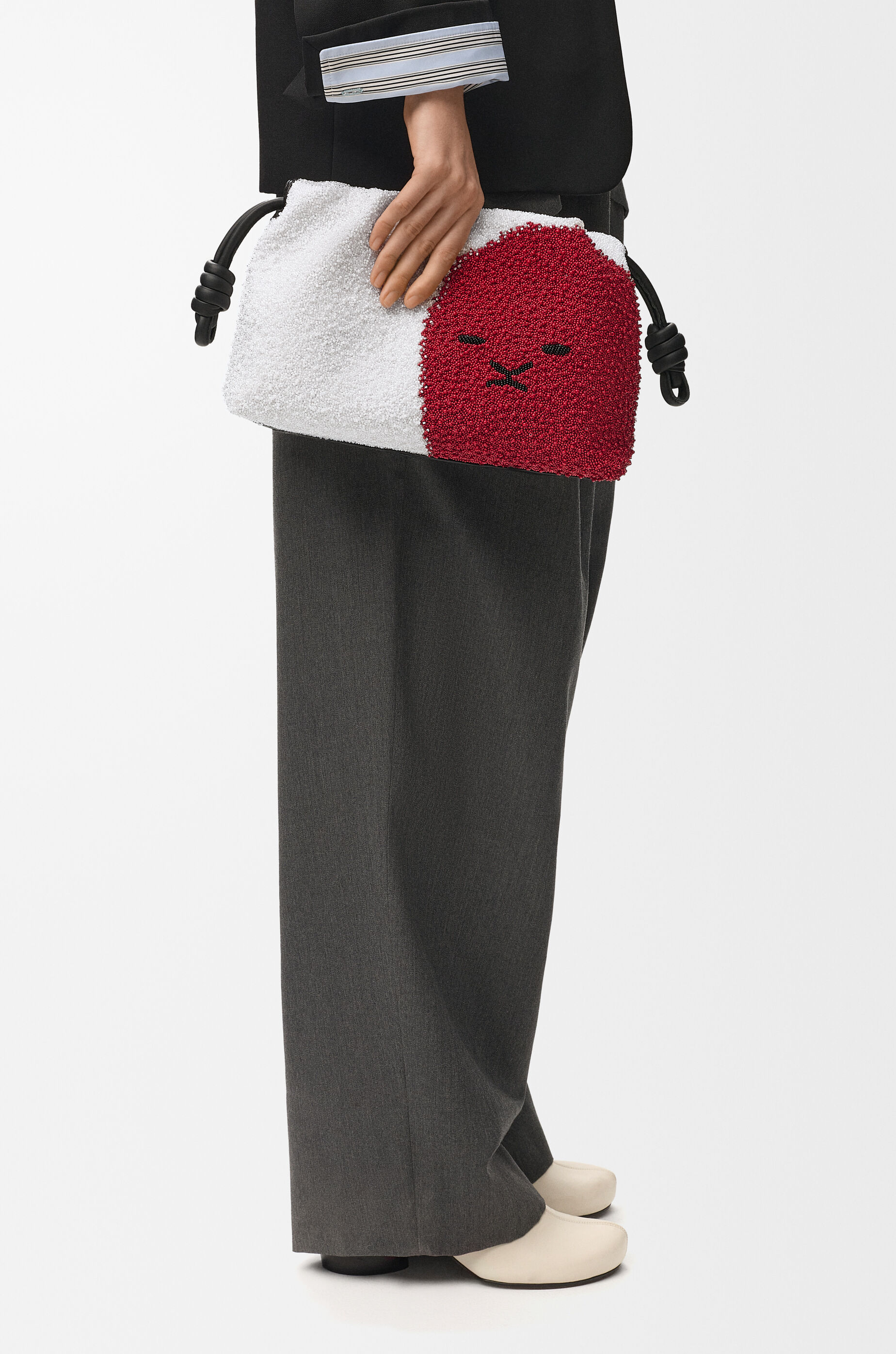 LOEWE Medium Lion Beads Flamenco purse in beaded canvas and calfskin White/Red