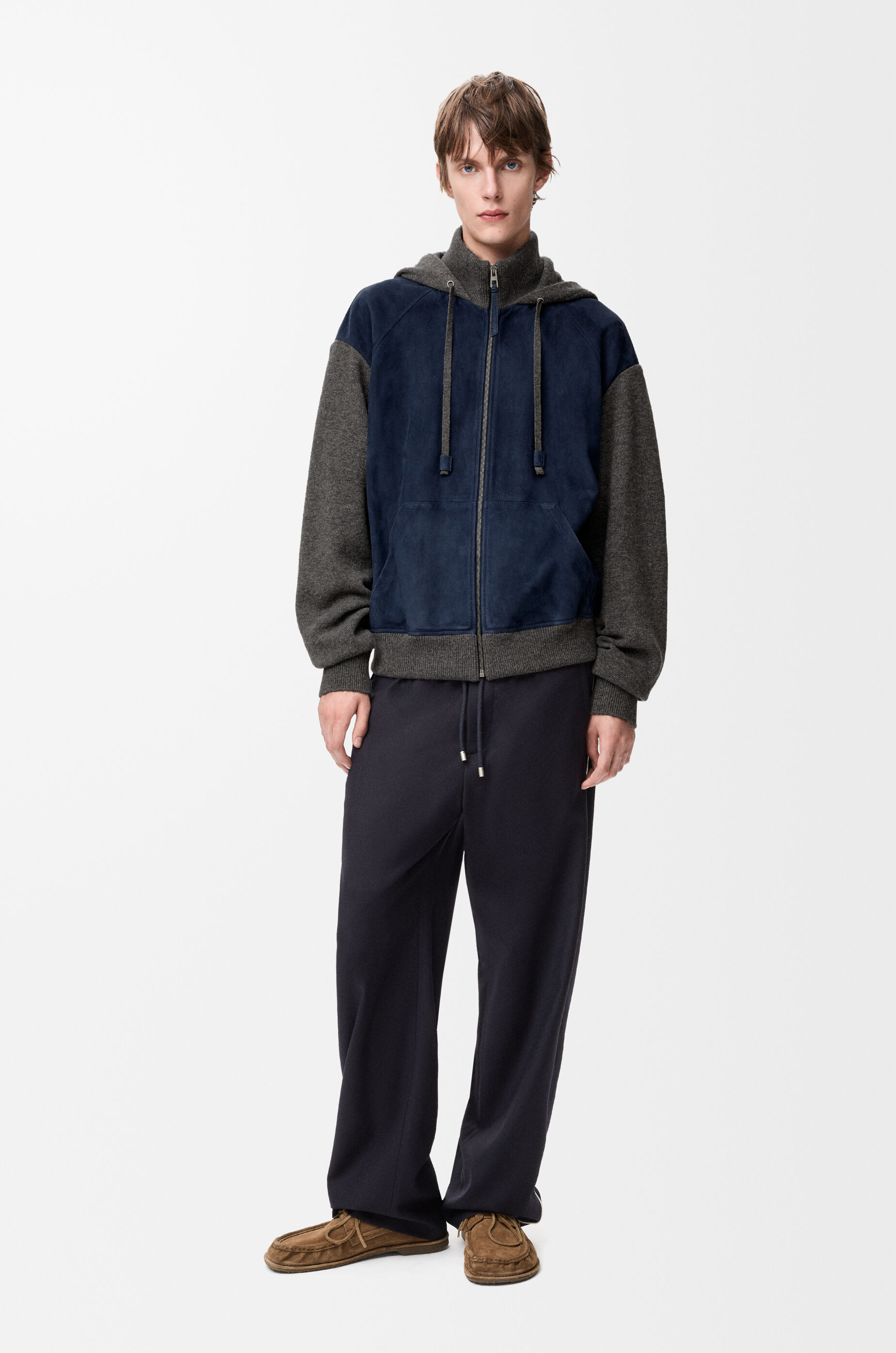LOEWE Hybrid zip-up hoodie in suede goatskin and wool blend Navy Blue