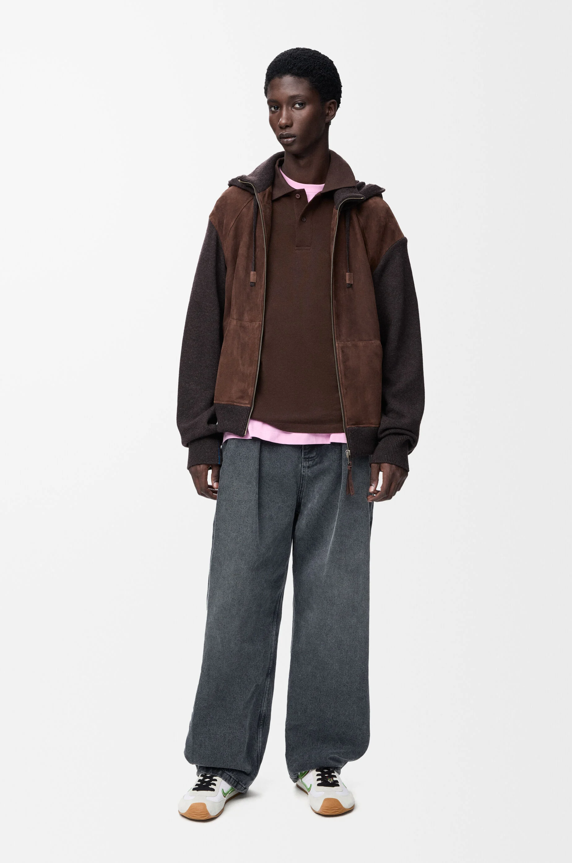 LOEWE Hybrid zip-up hoodie in suede goatskin and wool blend Dark Brown