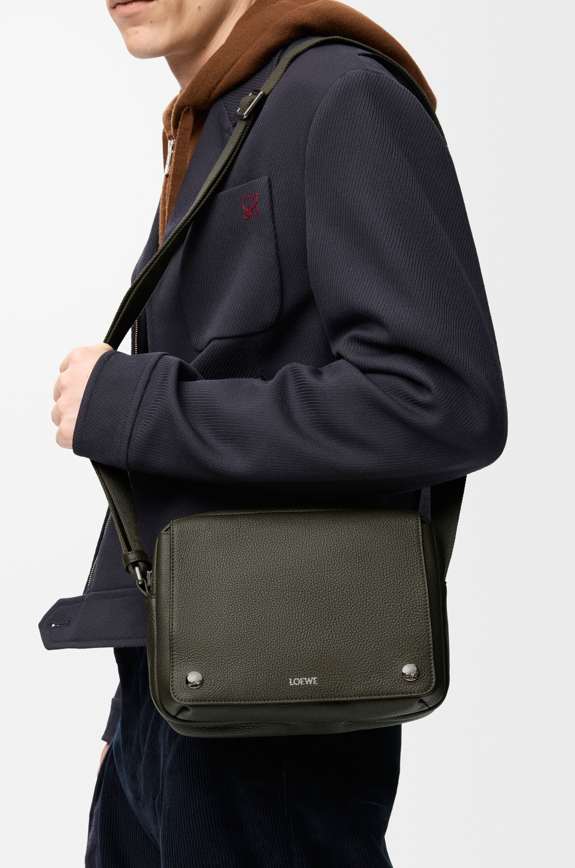 LOEWE Medium Pebble messenger bag in supple grained calfskin Dark Khaki