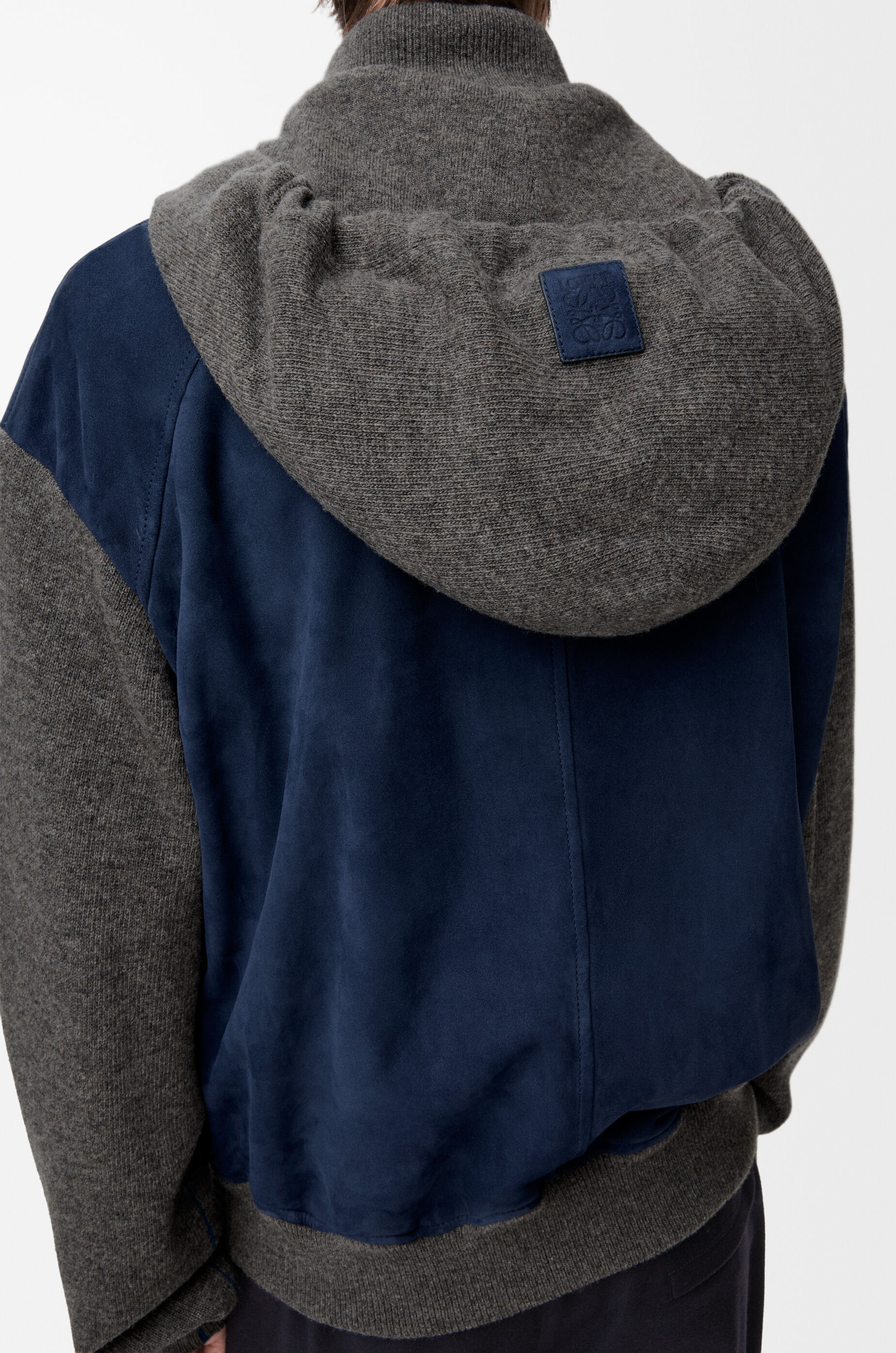 LOEWE Hybrid zip-up hoodie in suede goatskin and wool blend Navy Blue
