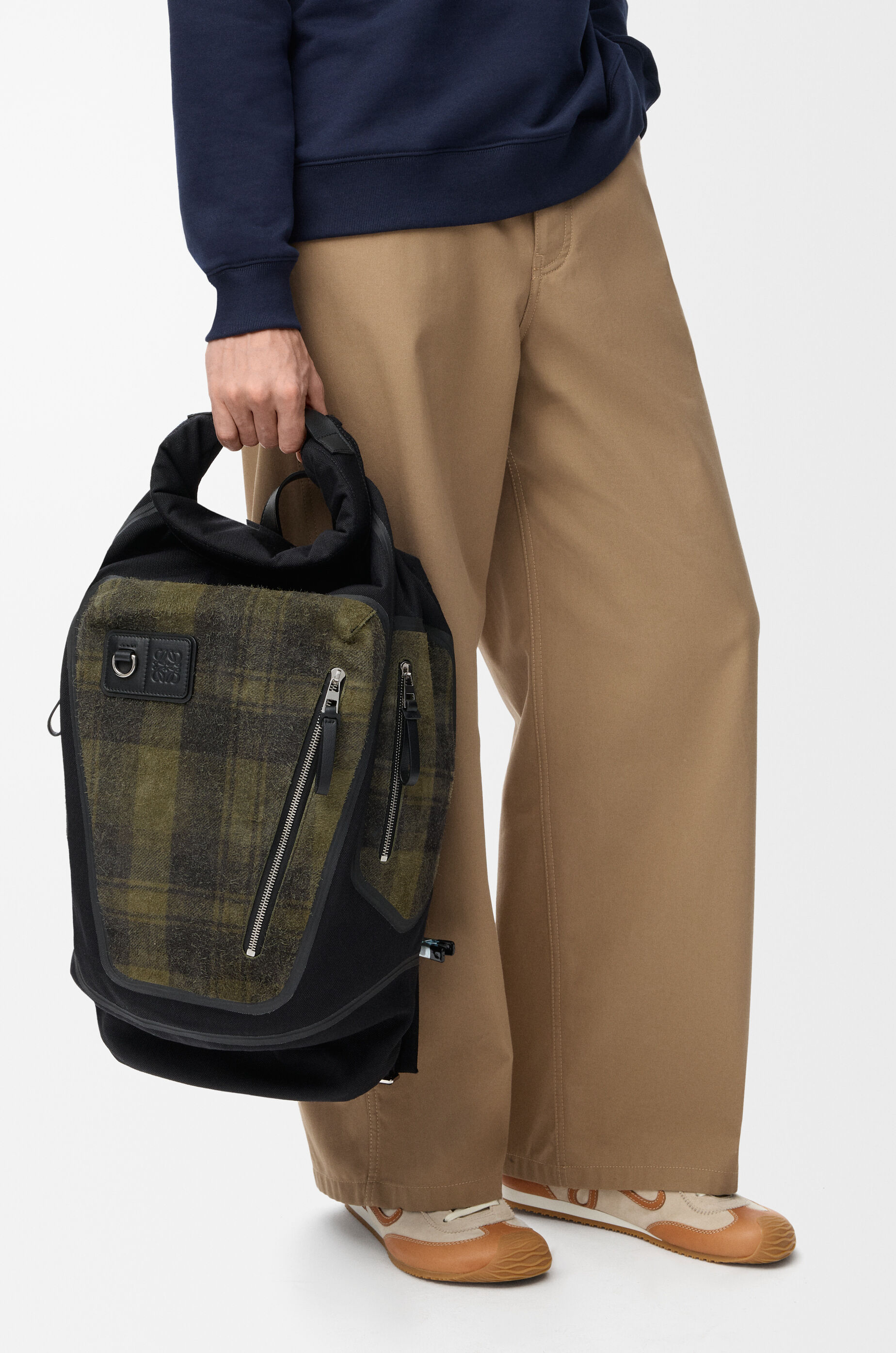 LOEWE Flex roll-top backpack in canvas and brushed suede Khaki/Black