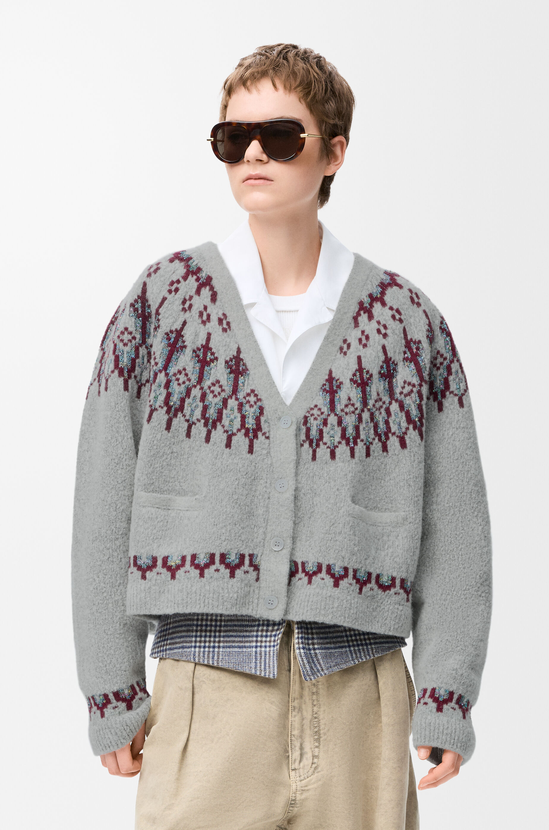 LOEWE Cardigan in wool blend Light Grey/Multicolor