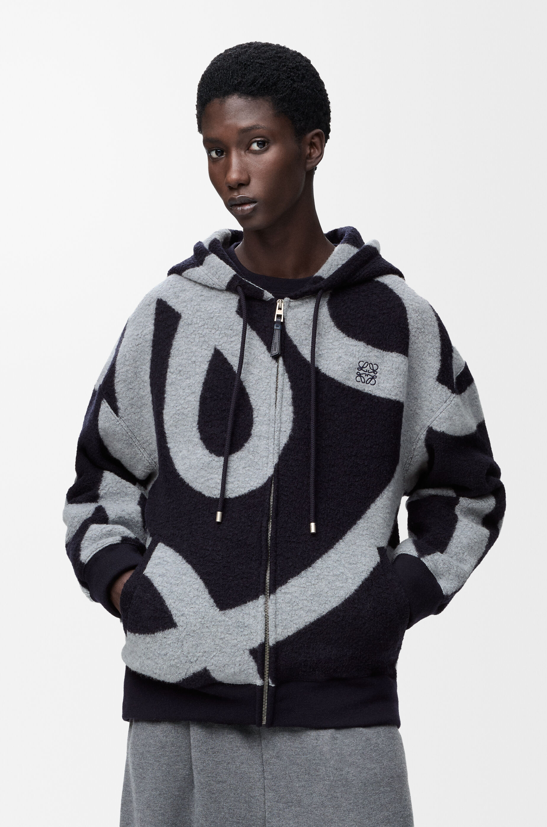 LOEWE Zip-up hoodie in wool and cotton Navy/Grey