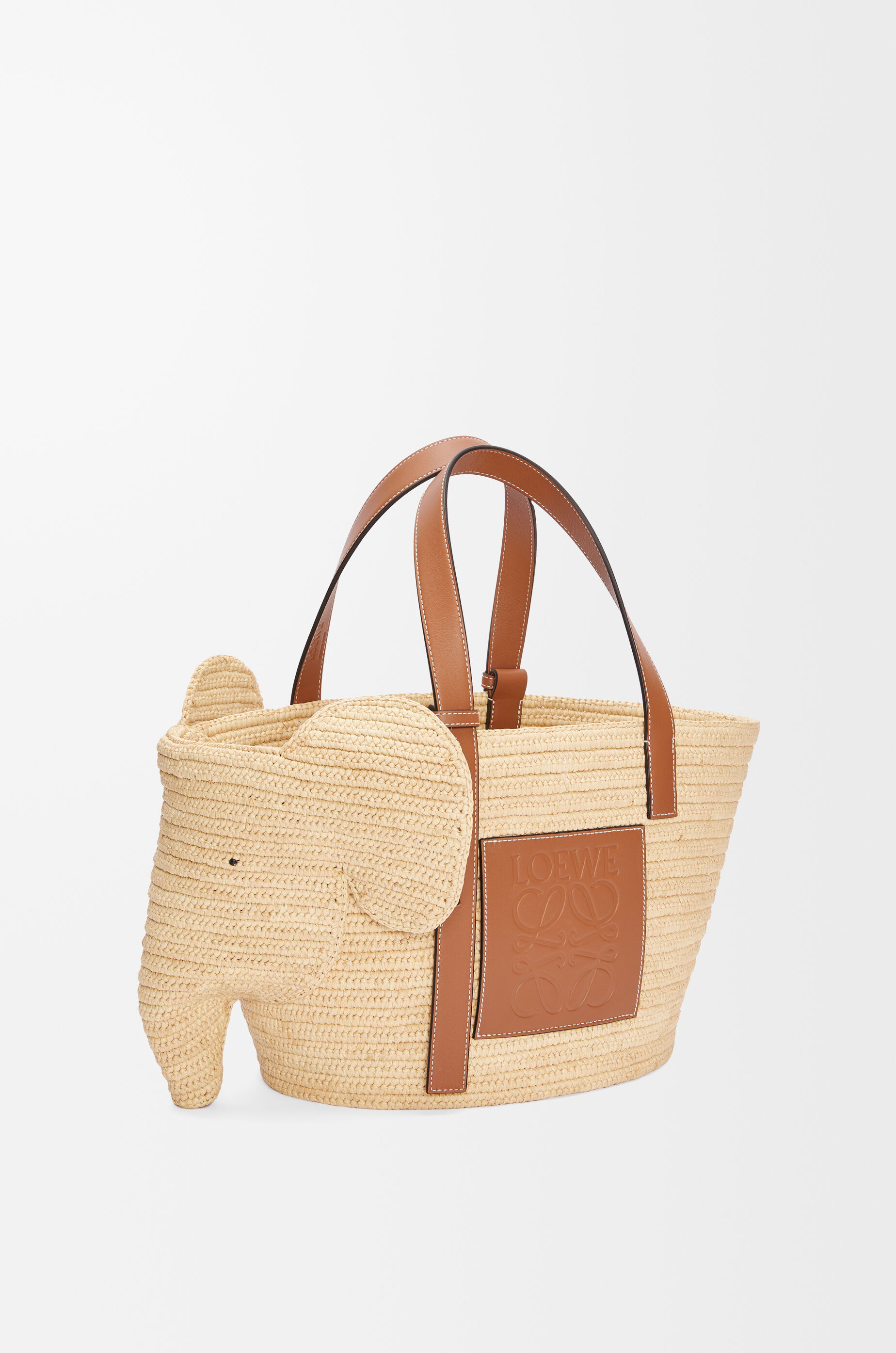 LOEWE Elephant basket in raffia and calfskin Natural/Tan