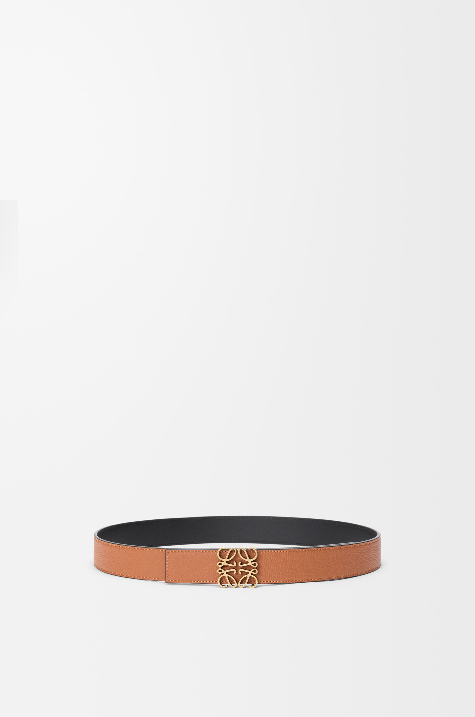 LOEWE Reversible Anagram belt in smooth calfskin and soft grained calfskin Tan/Black/Old Gold
