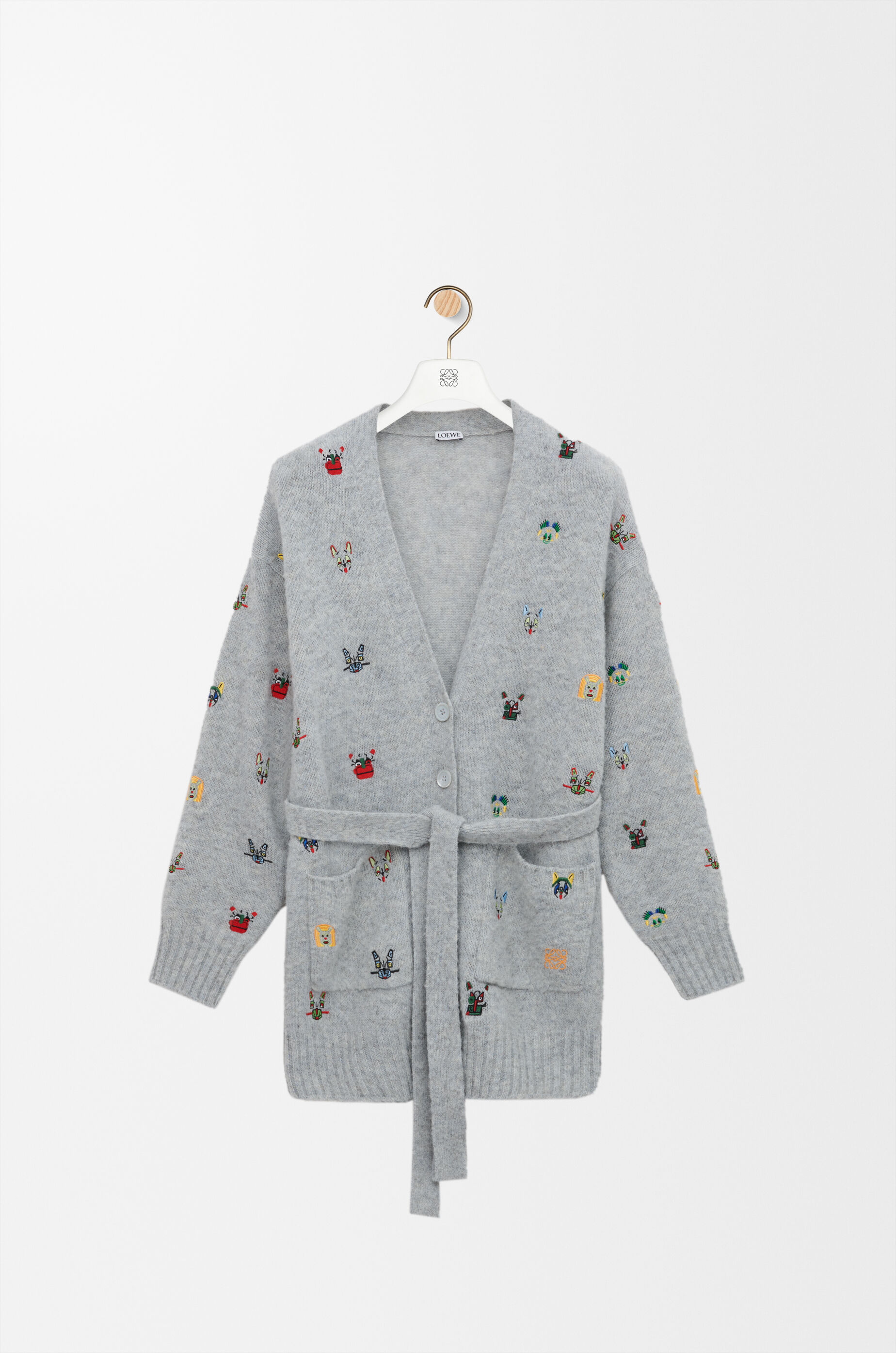 LOEWE Belted cardigan in wool Grey/Multicolor