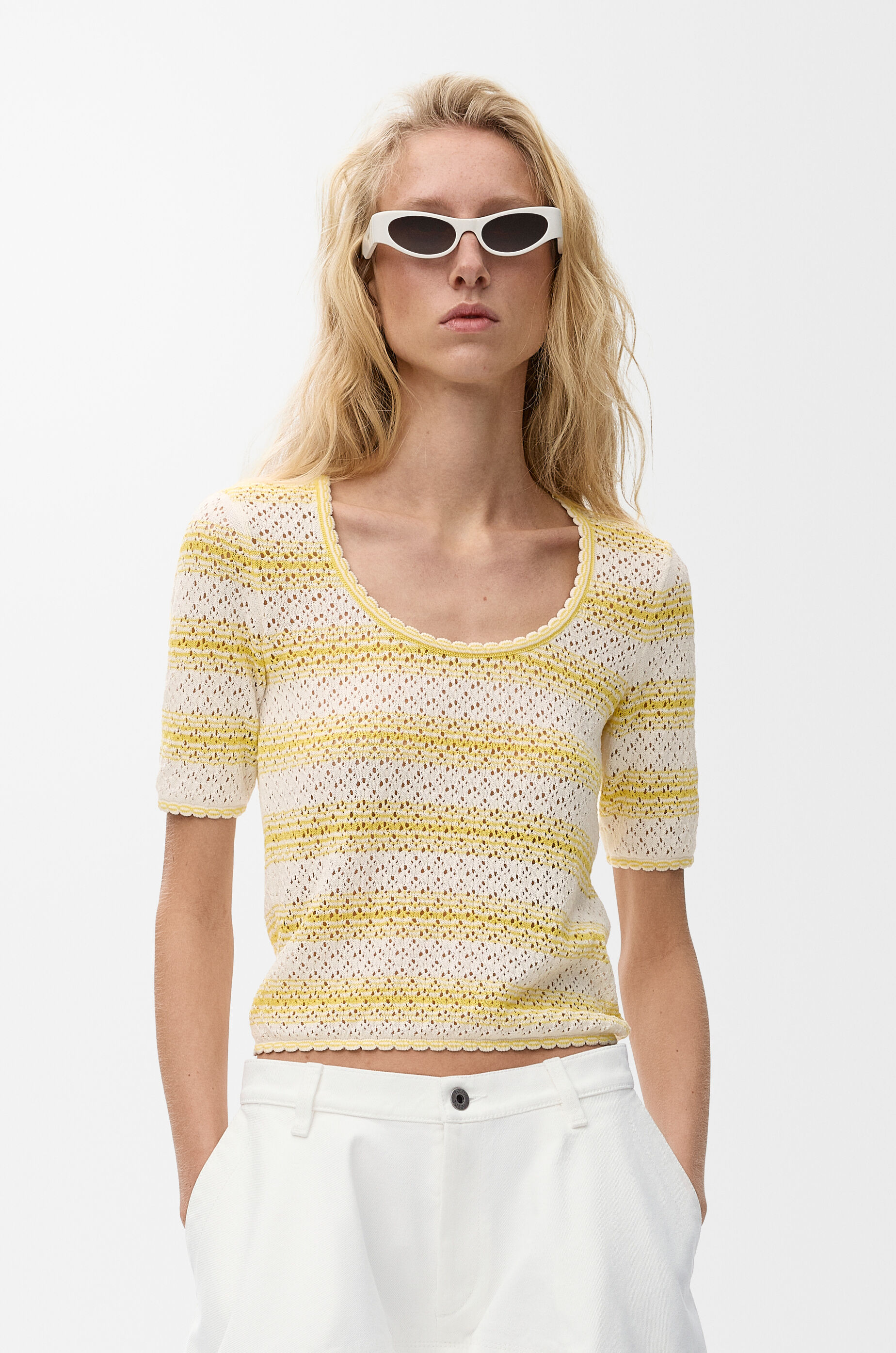 LOEWE Short sleeve sweater in cotton blend White/Yellow