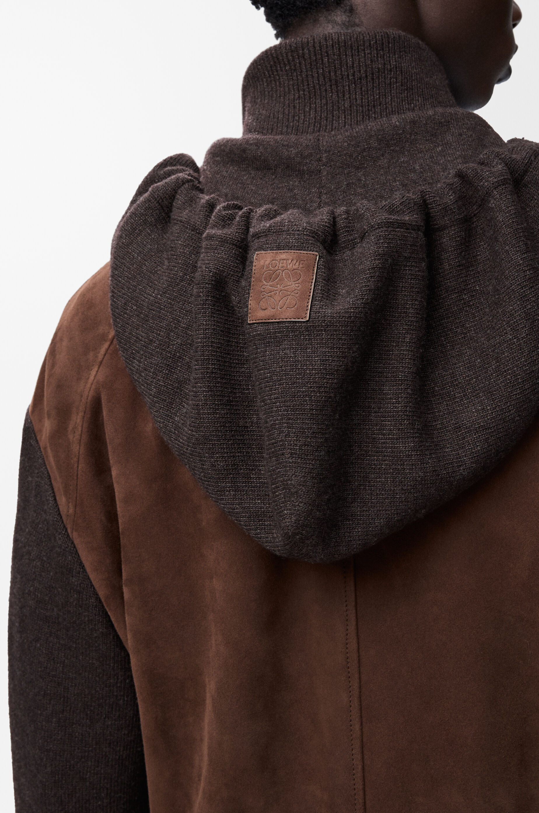LOEWE Hybrid zip-up hoodie in suede goatskin and wool blend Dark Brown