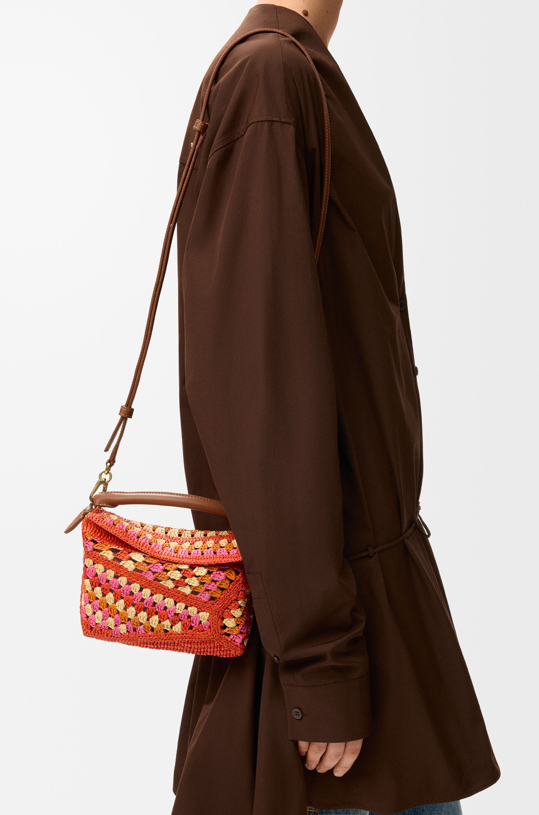 LOEWE Mini Puzzle Edge bag in raffia and calfskin Bright Orange/Pink