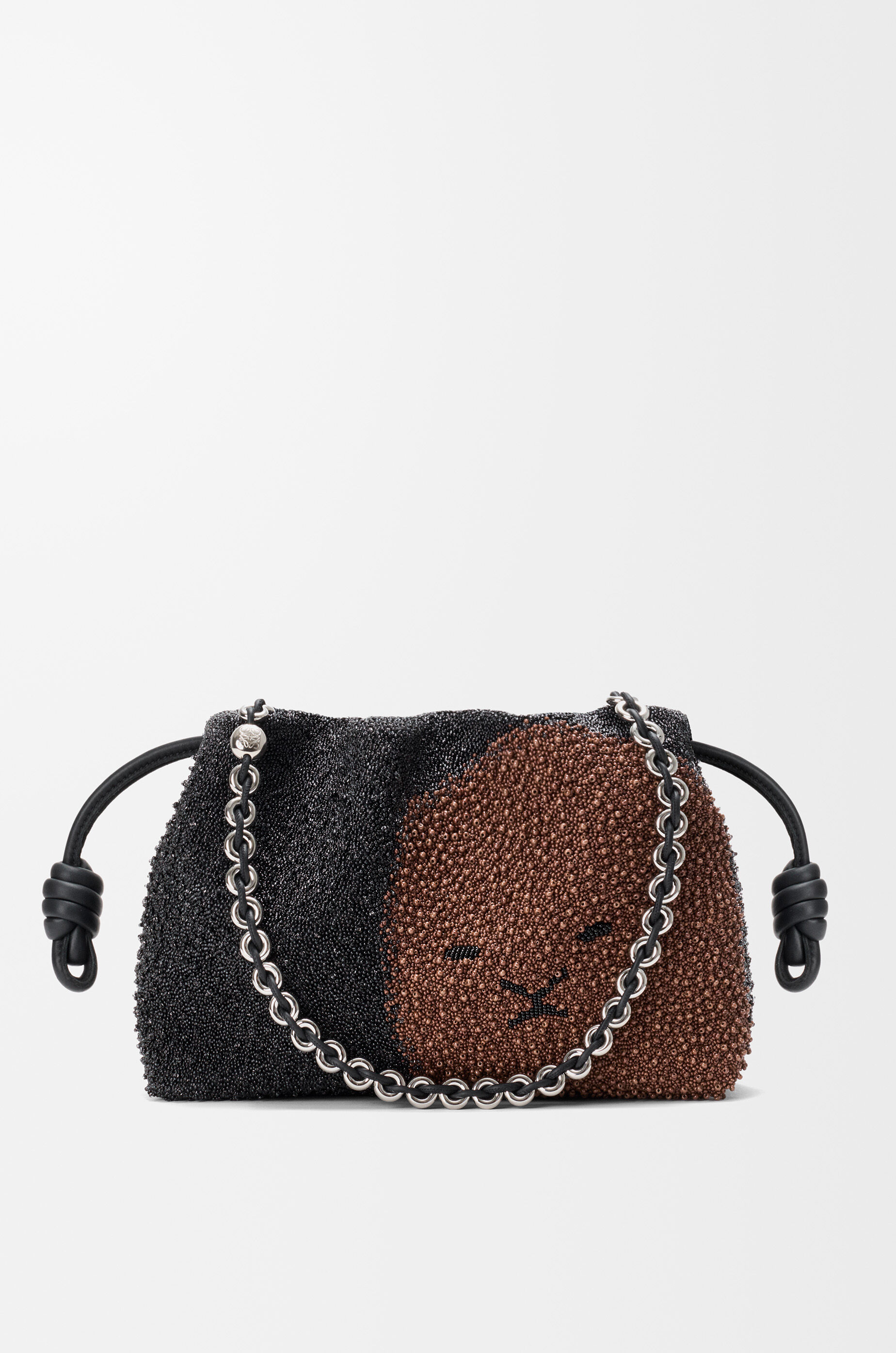 LOEWE Medium Lion Beads Flamenco purse in beaded canvas and calfskin Black/Pecan
