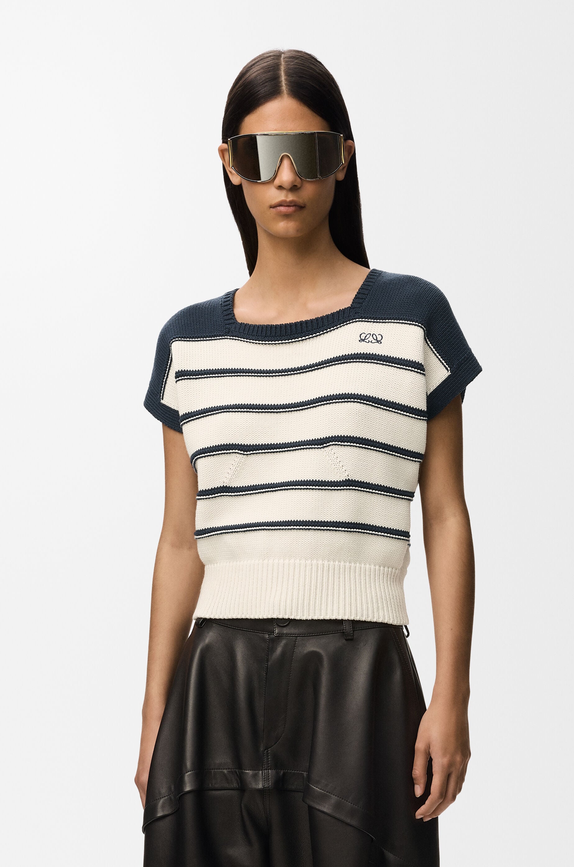 LOEWE Sleeveless sweater in cotton and wool White/Navy Blue