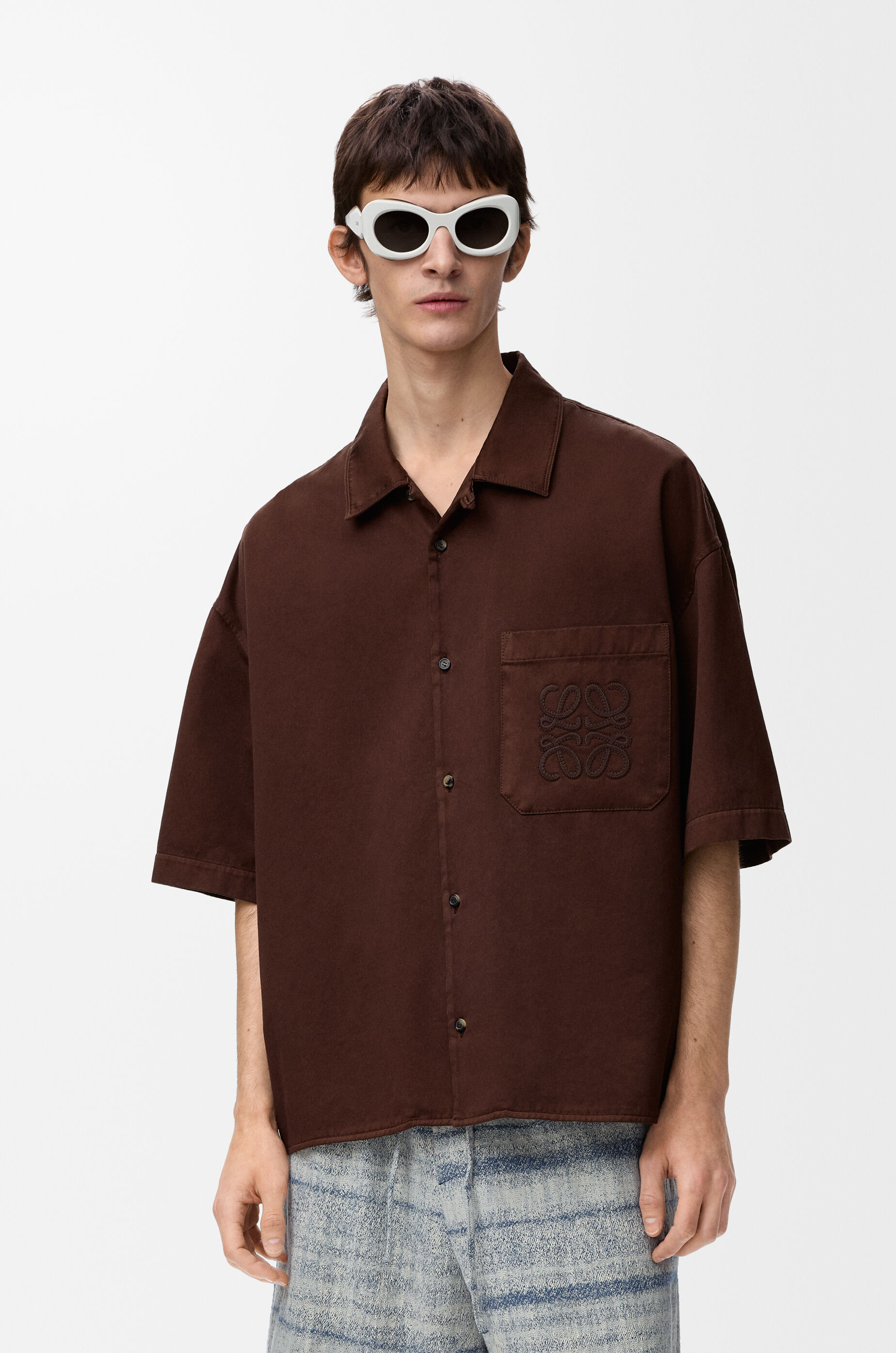 LOEWE Short sleeve shirt in cotton Chocolate Brown