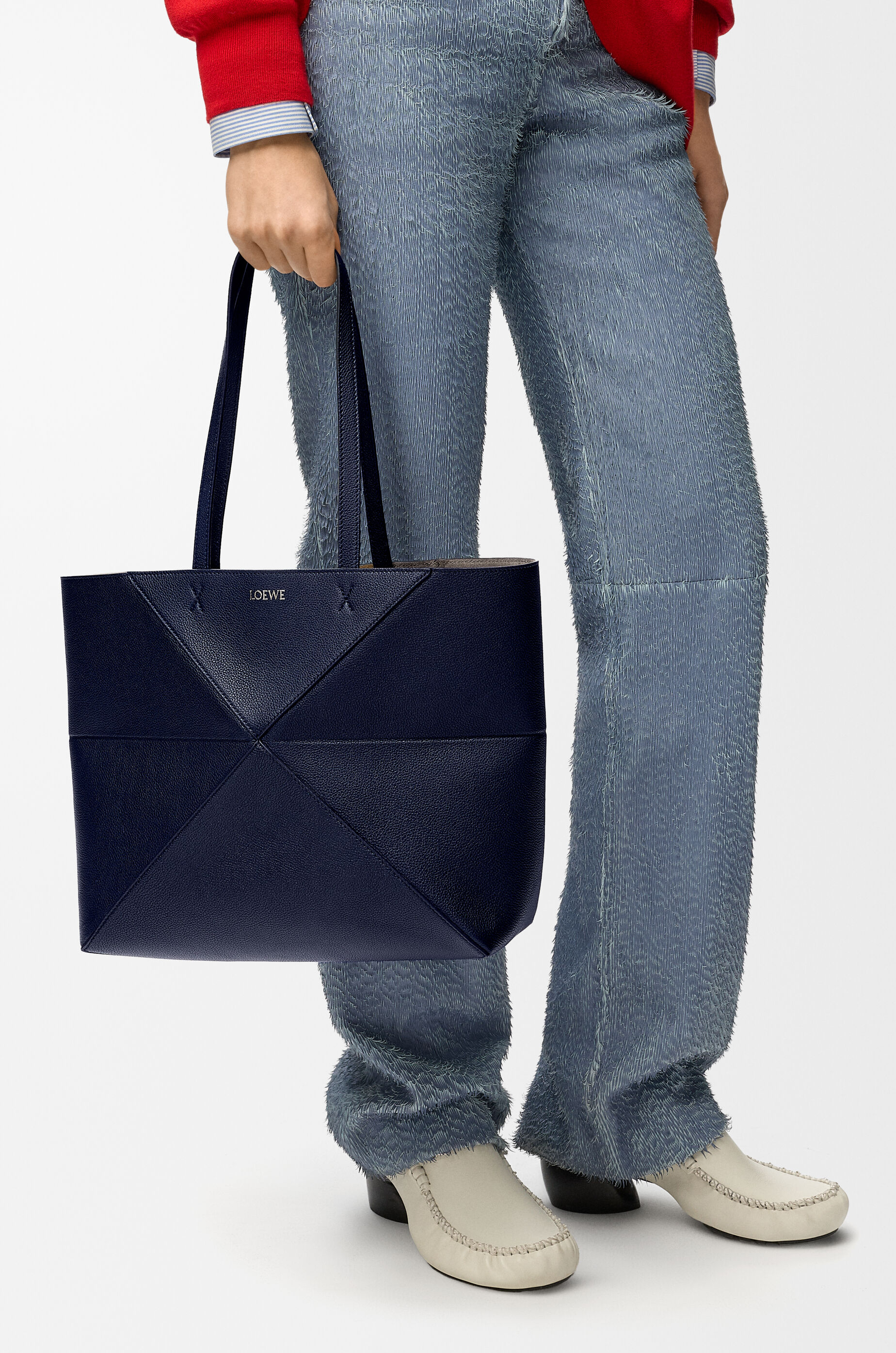 LOEWE Medium horizontal Puzzle Fold tote in soft grained calfskin Deep Navy