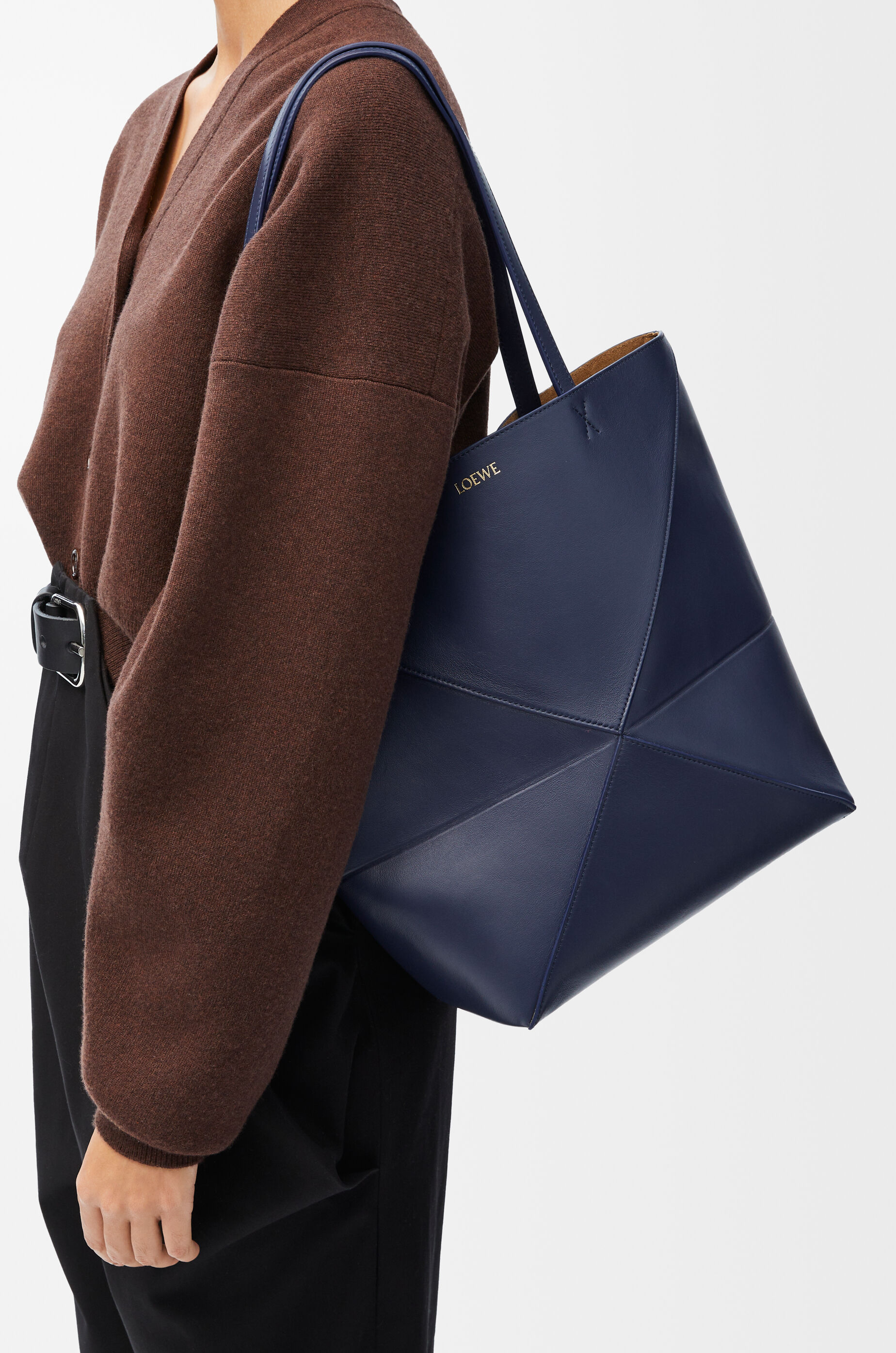 LOEWE Medium Puzzle Fold tote in shiny calfskin Abyss Blue