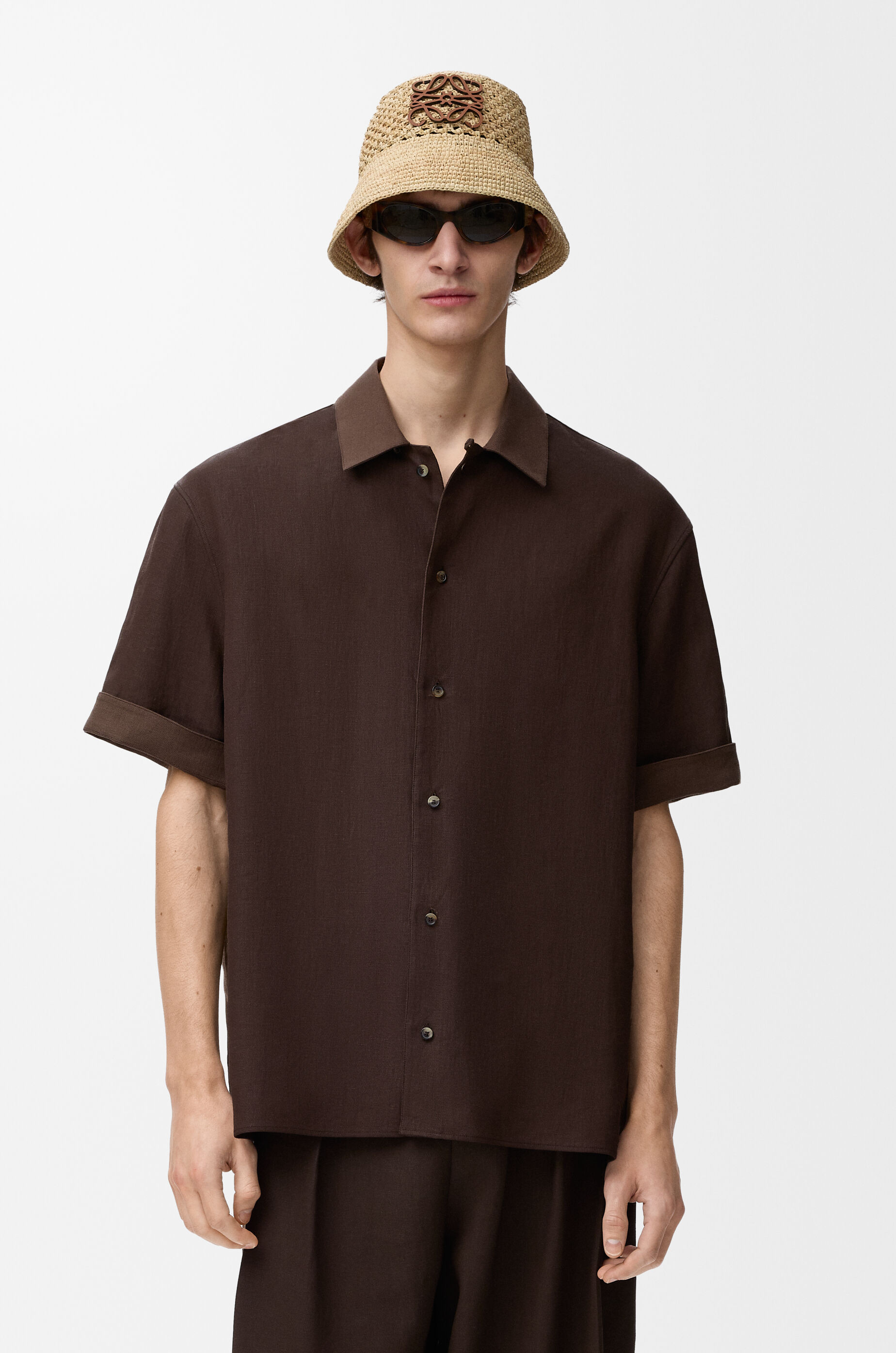 LOEWE Short sleeve shirt in cotton and linen Dark Brown/Brown