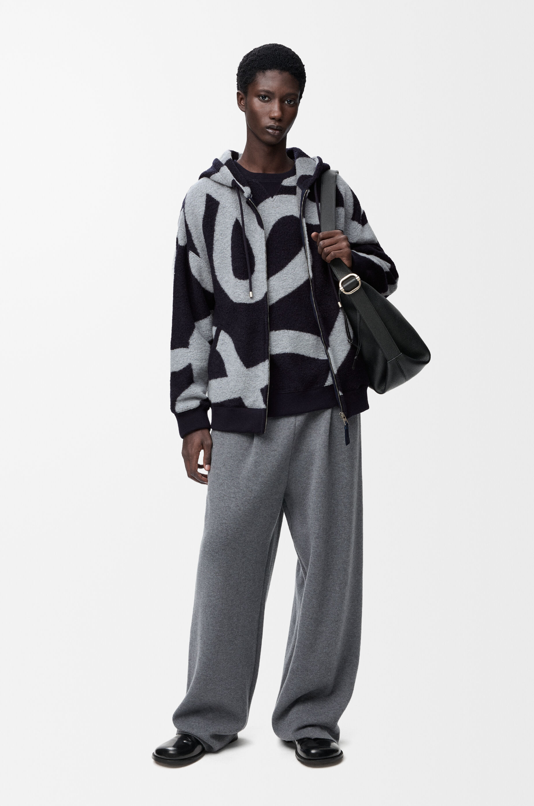 LOEWE Zip-up hoodie in wool and cotton Navy/Grey