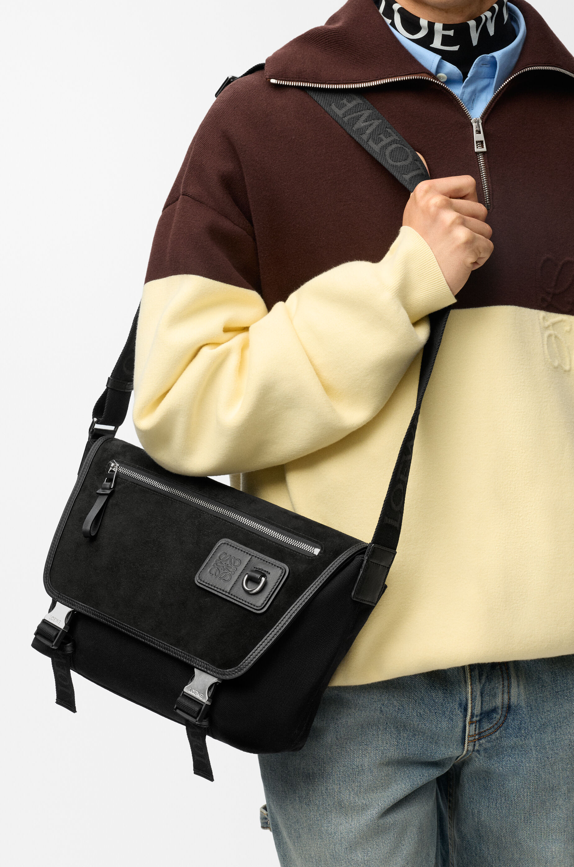 LOEWE Medium Flex messenger in canvas and suede Black