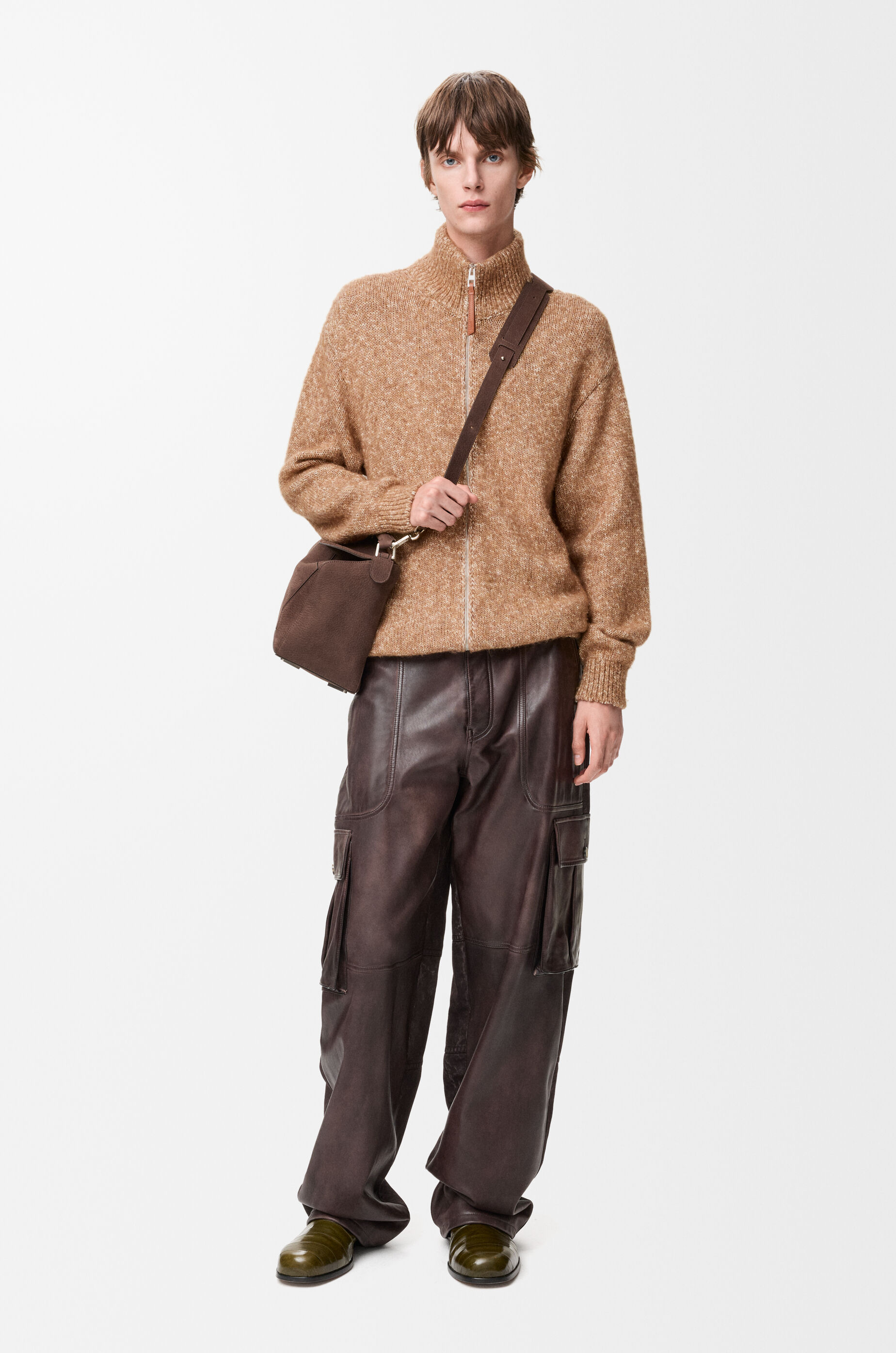 LOEWE Zip-up cardigan in cotton, linen and wool Beige