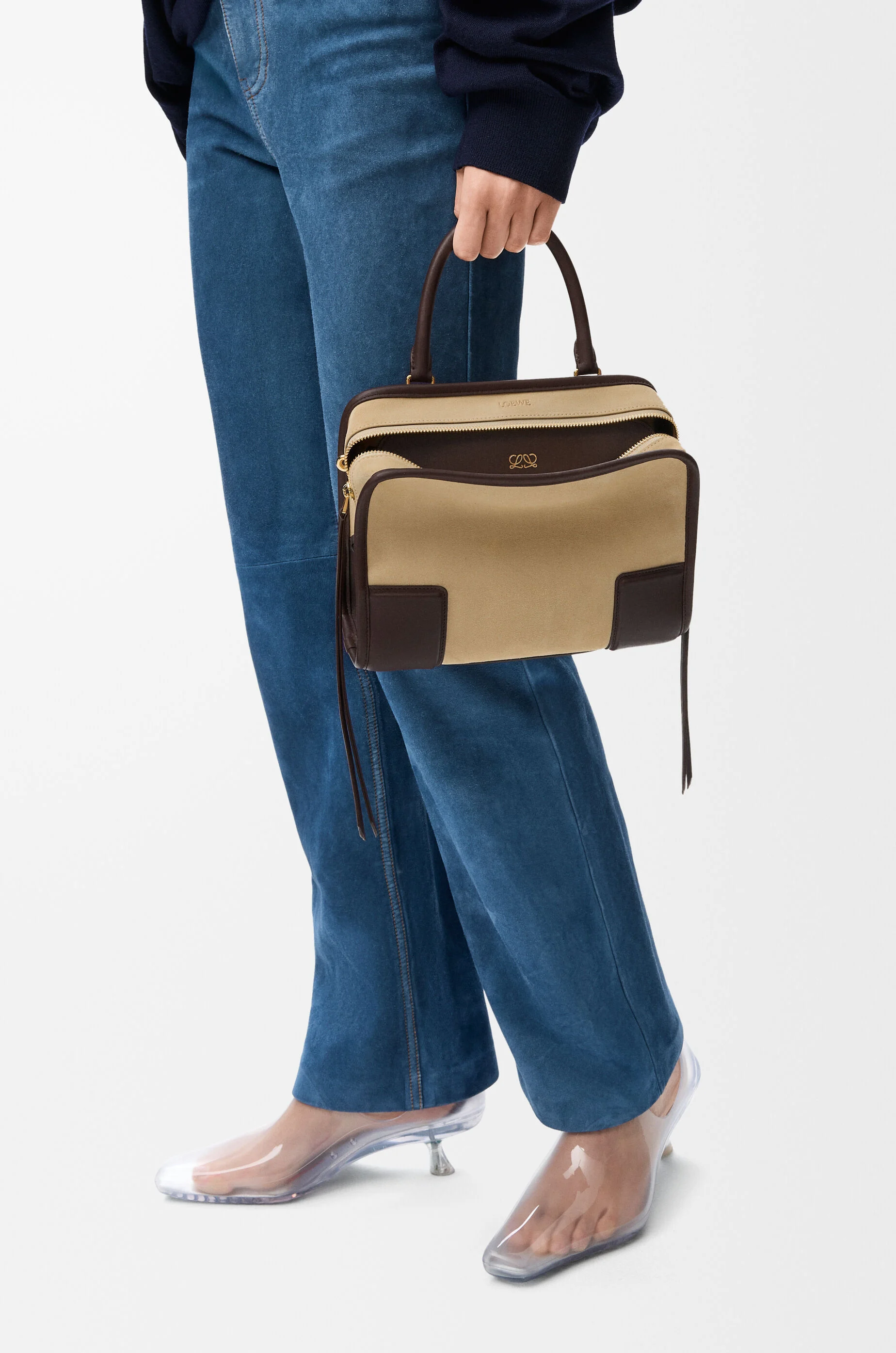 LOEWE Small Amazona 180 bag in suede Oro/Chocolat