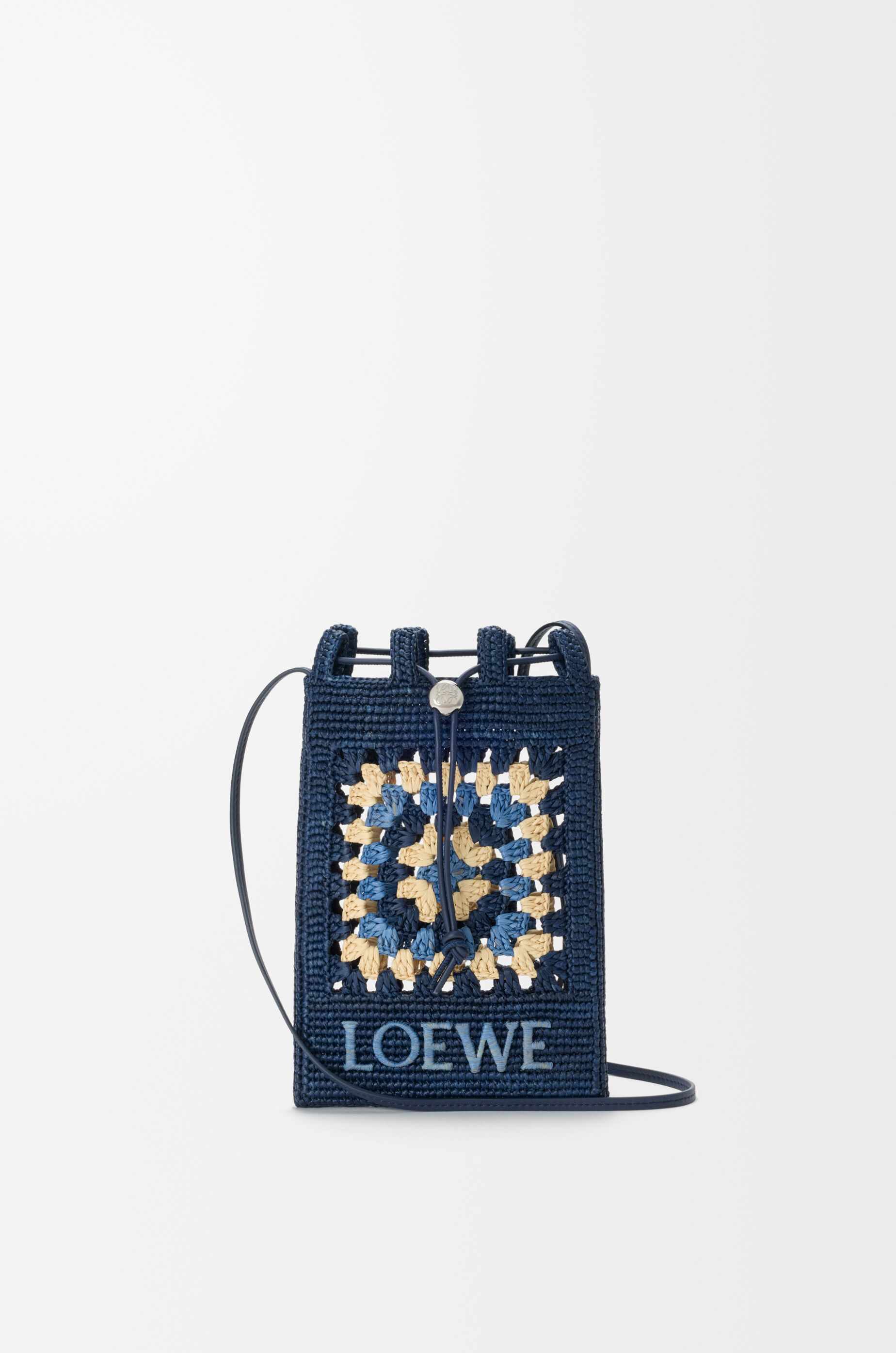 LOEWE Drawstring pocket in classic calfskin and raffia Navy/Sky Blue