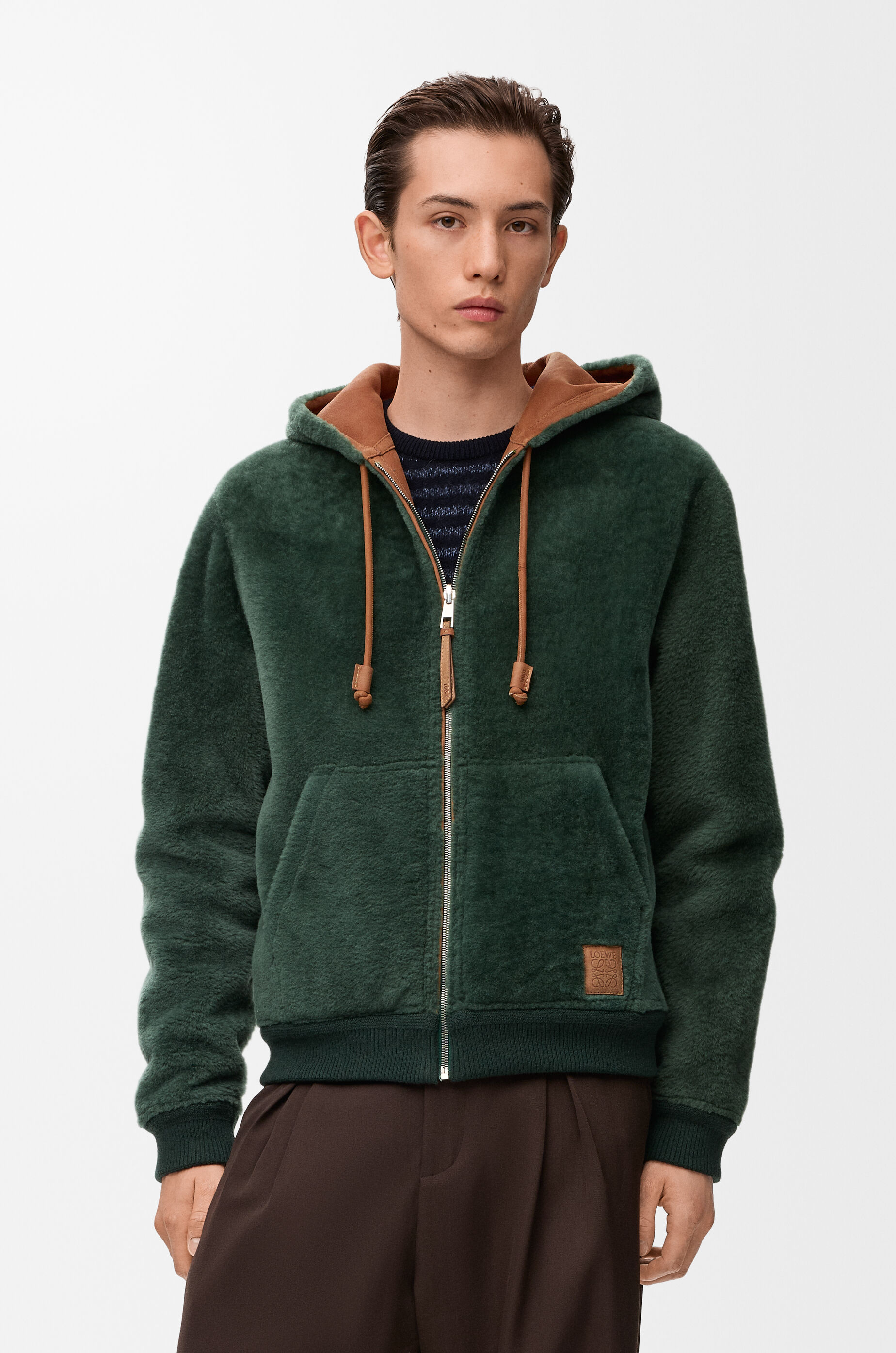 LOEWE Hoodie in shearling Brown/Dark Green